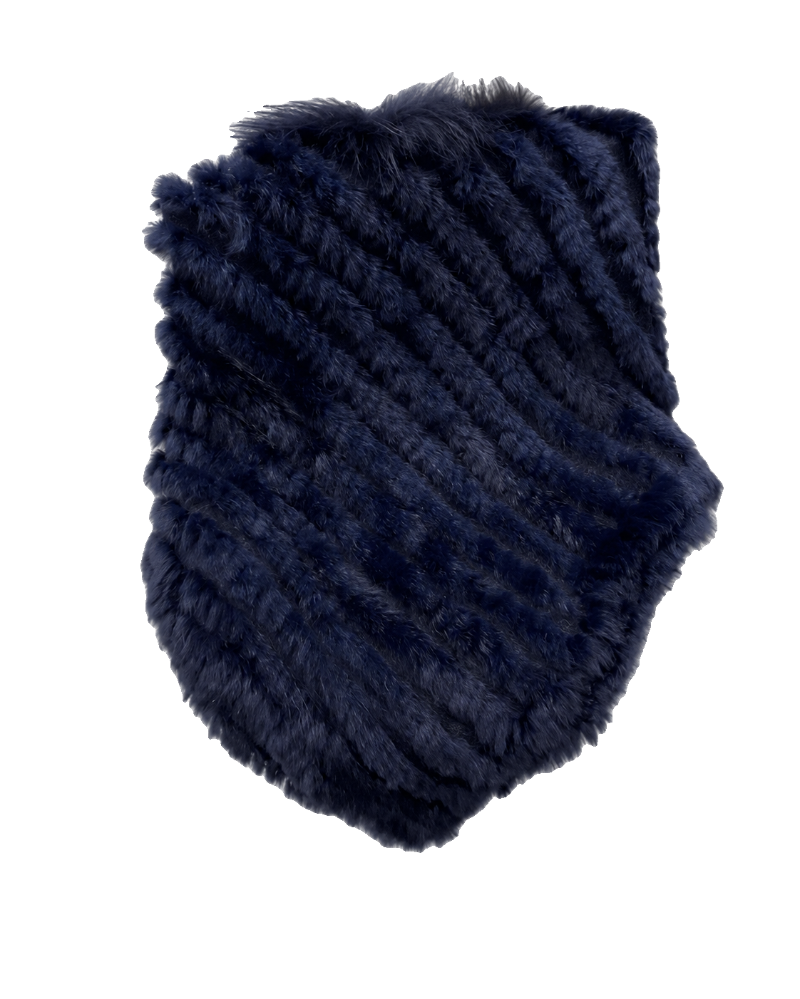 Navy Blue handwoven genuine rabbit fur triangle poncho with raccoon fur collar on a transparent background
