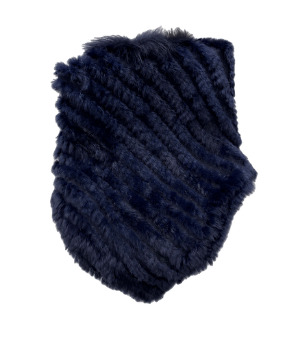Navy Blue handwoven genuine rabbit fur triangle poncho with raccoon fur collar on a transparent background
