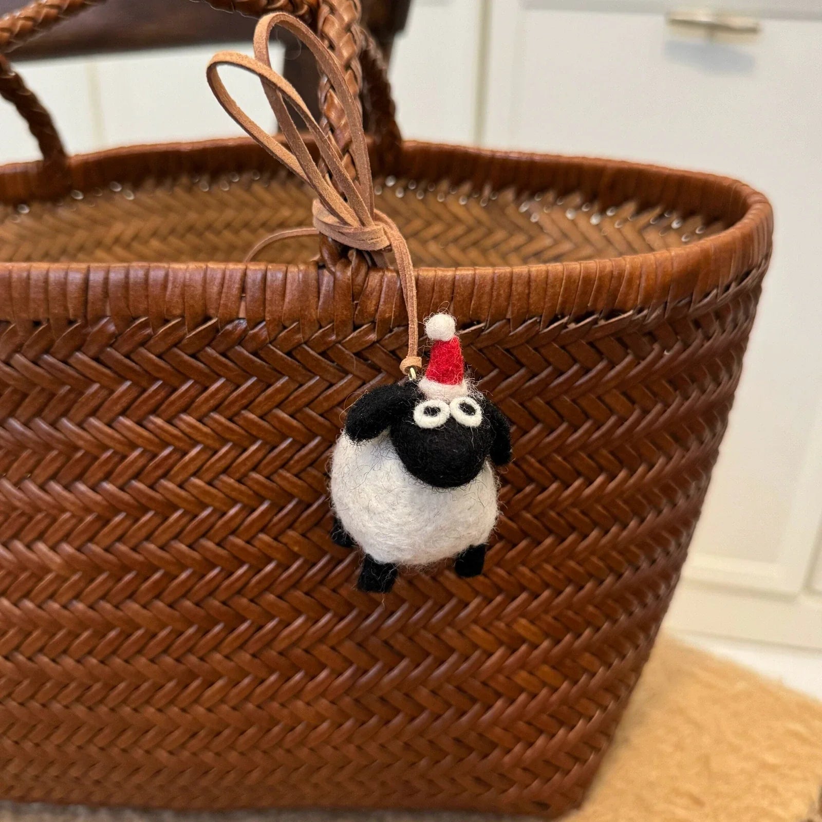 Red hat black and white handmade wool felt sheep bag charm