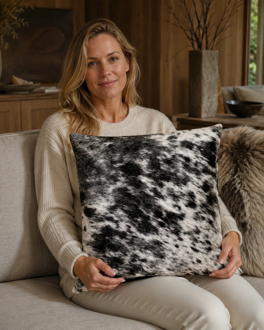 Woman holding a black and ivory salt-and-pepper genuine cowhide square pillow
