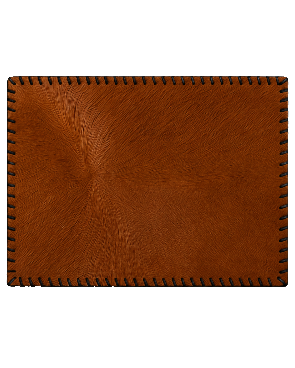 Solid brown genuine cowhide rectangular placemat with hand-laced border on transparent background