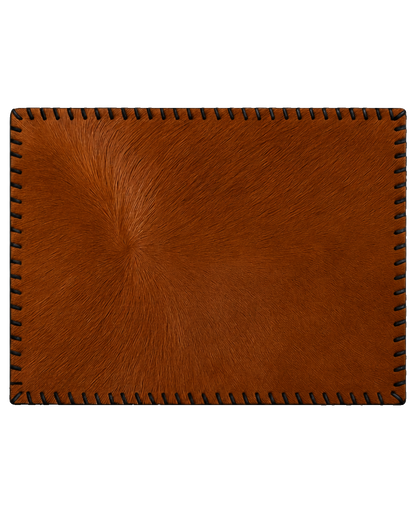Solid brown genuine cowhide rectangular placemat with hand-laced border on transparent background