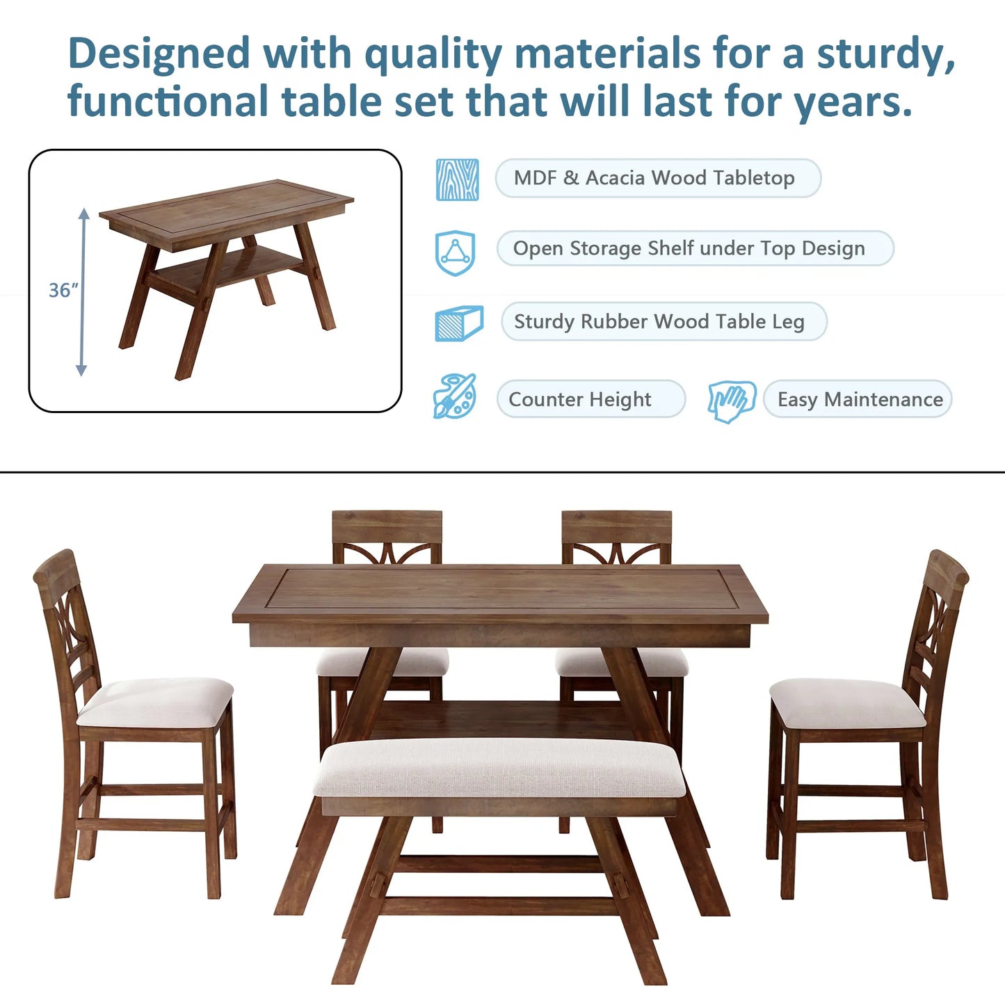 6-Piece Wood Counter Height Dining Table Set with Storage Shelf, Kitchen Table Set with Bench and 4 Chairs,Rustic Style, Walnut+Beige Cushion (old – view 4