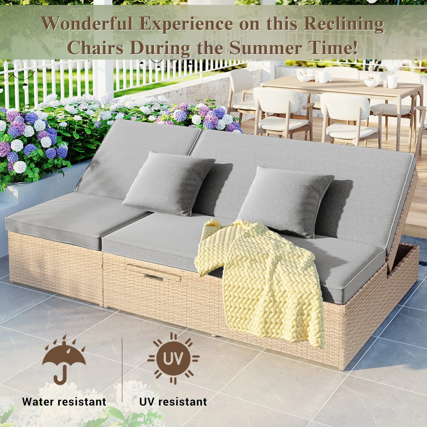 Outdoor Double Sunbed, Wicker Rattan Patio Reclining Chairs with Adjustable Backrest and Seat, Conversational Set for 2 Person, Brown – view 4