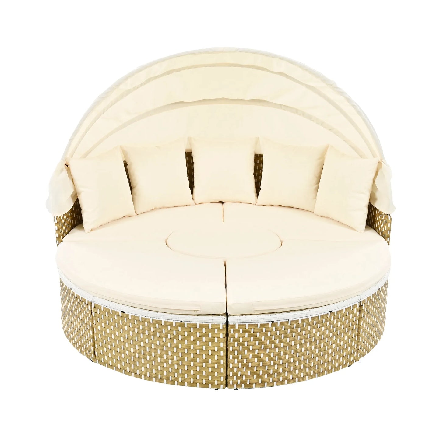 Patio Furniture Round Outdoor Sectional Sofa Set Rattan Daybed Two-Tone Weave Sunbed with Retractable Canopy, Separate Seating and Removable Cushion – view 4