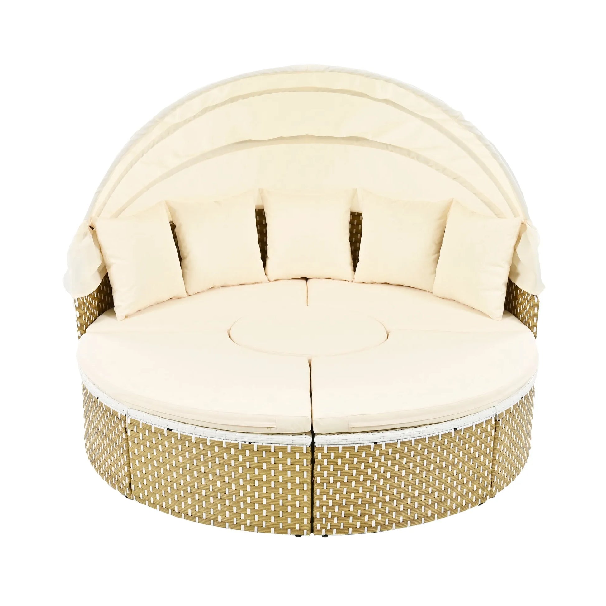 Patio Furniture Round Outdoor Sectional Sofa Set Rattan Daybed Two-Tone Weave Sunbed with Retractable Canopy, Separate Seating and Removable Cushion – view 4