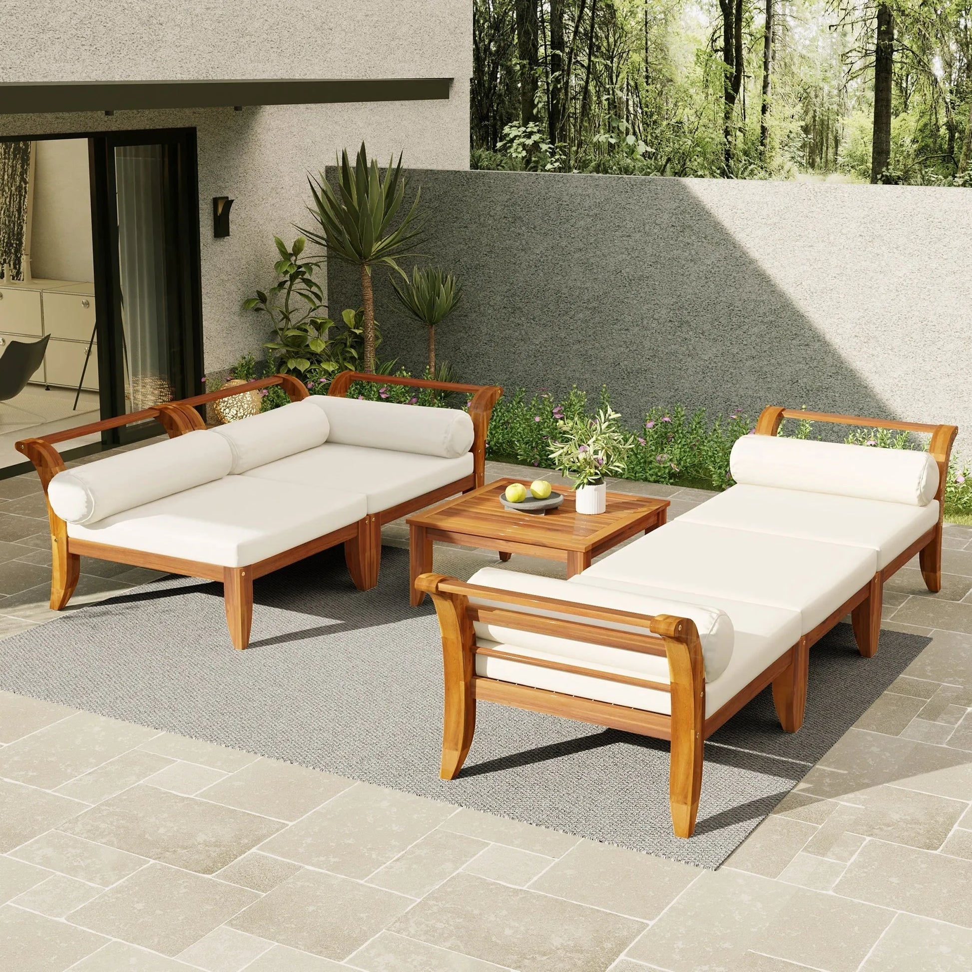 6 Piece Patio Sofa Set, Acacia Wood Outdoor Modular Sectional Garden Furniture Set L-Shaped Conversation Set, Convertible Daybed with Tea Table – view 4