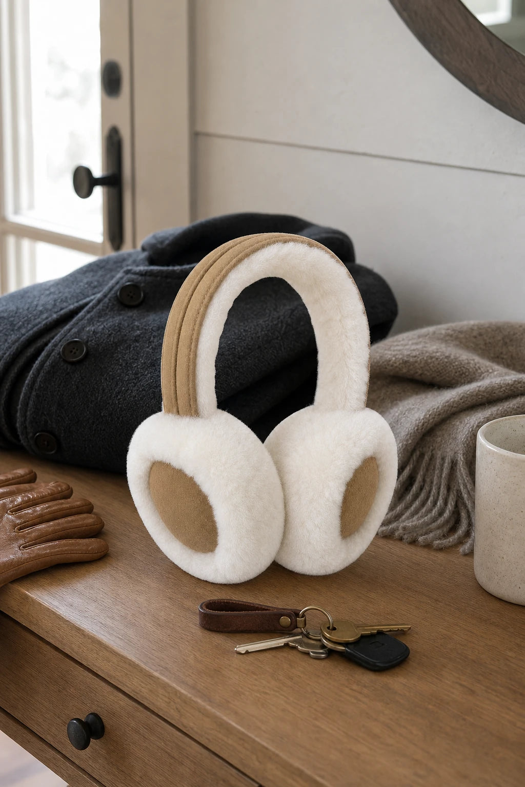 Ivory and camel sheepskin earmuffs styled with a winter coat and gloves in an American entryway