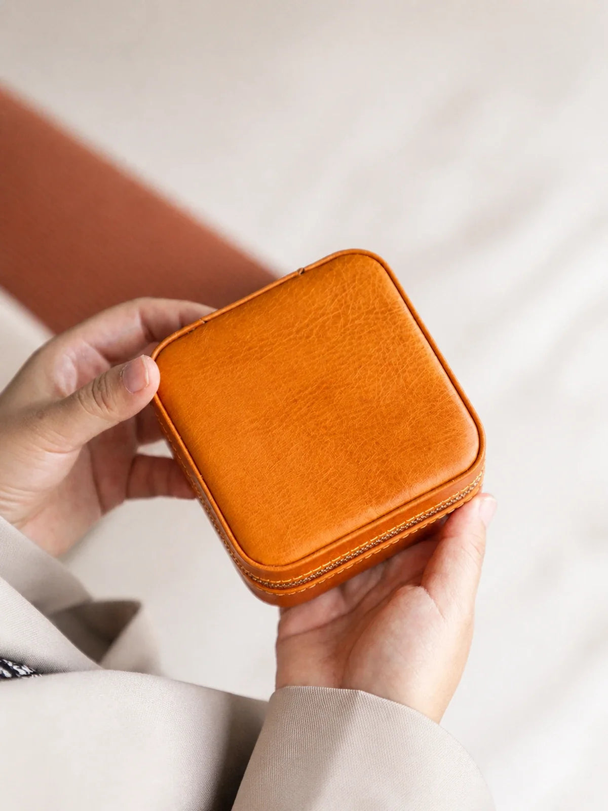Burnt orange vegetable-tanned leather travel jewelry case