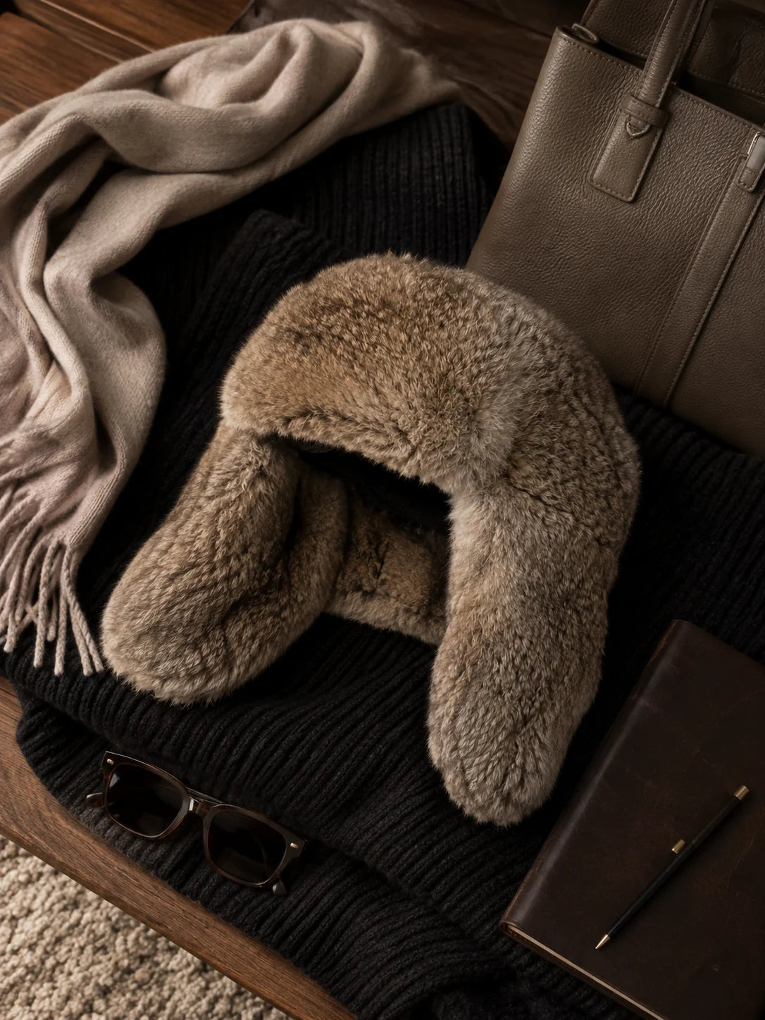 Taupe rabbit fur trapper hat arranged with a knit sweater and winter accessories