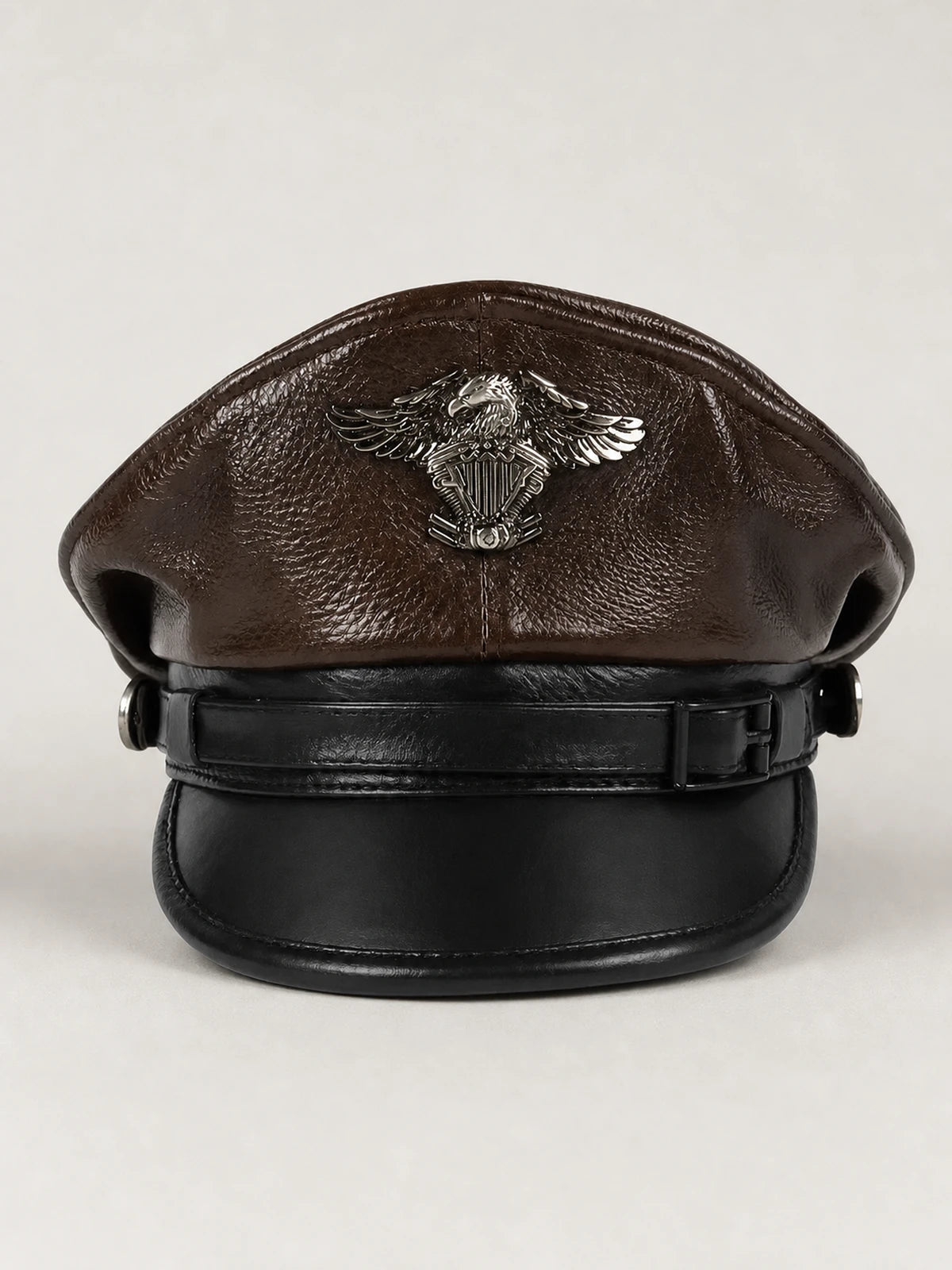 Two-tone brown and black genuine cowhide leather captain cap front view