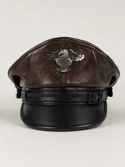 Two-tone brown and black genuine cowhide leather captain cap front view