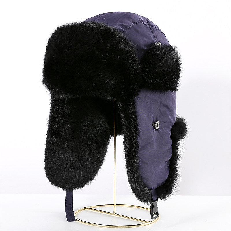 Unisex navy trapper hat with black rabbit fur trim