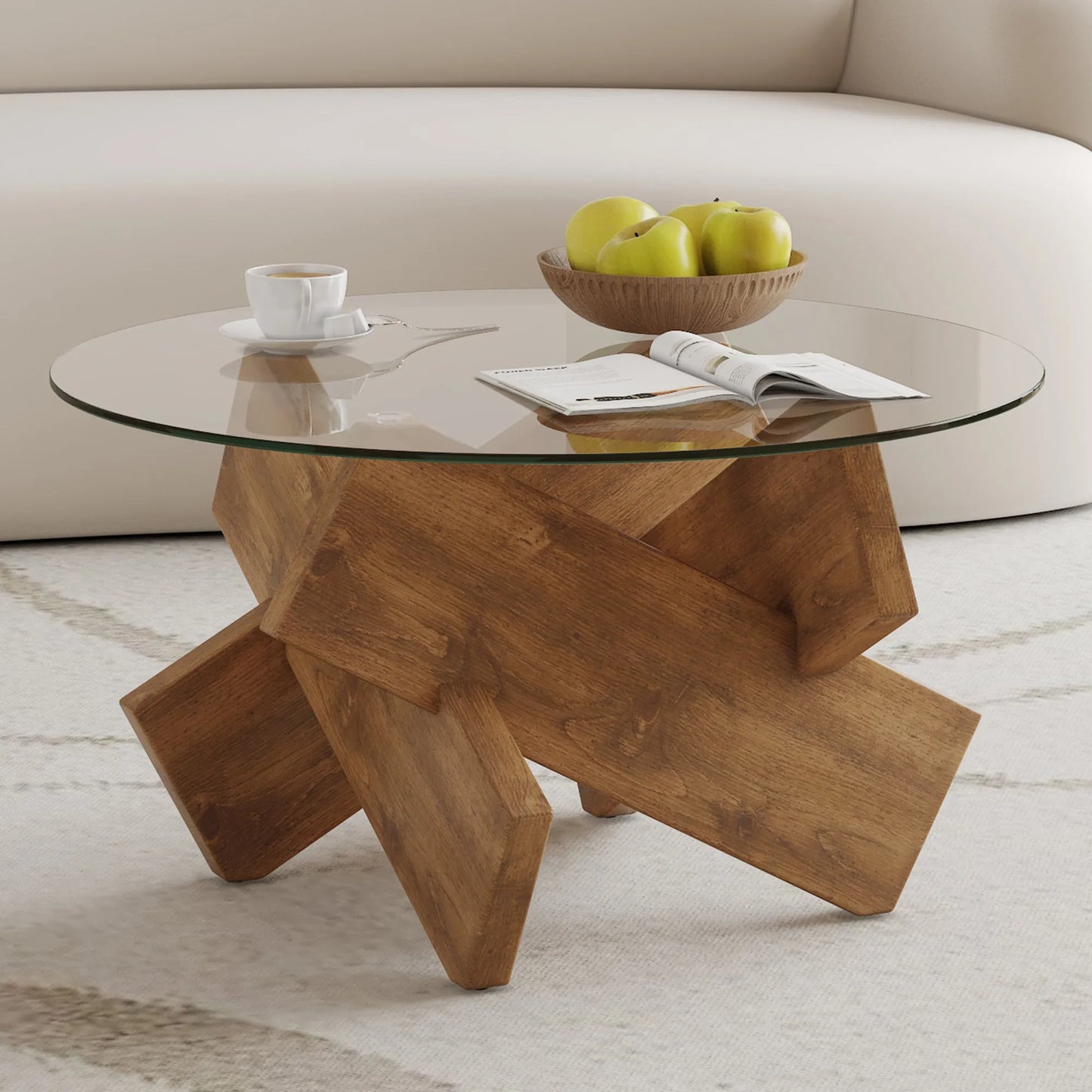 Circular glass coffee table, 33.4-inch modern and distinctive design tea table. Tempered glass countertop, wood colored MDF table legs. Suitable for – view 4