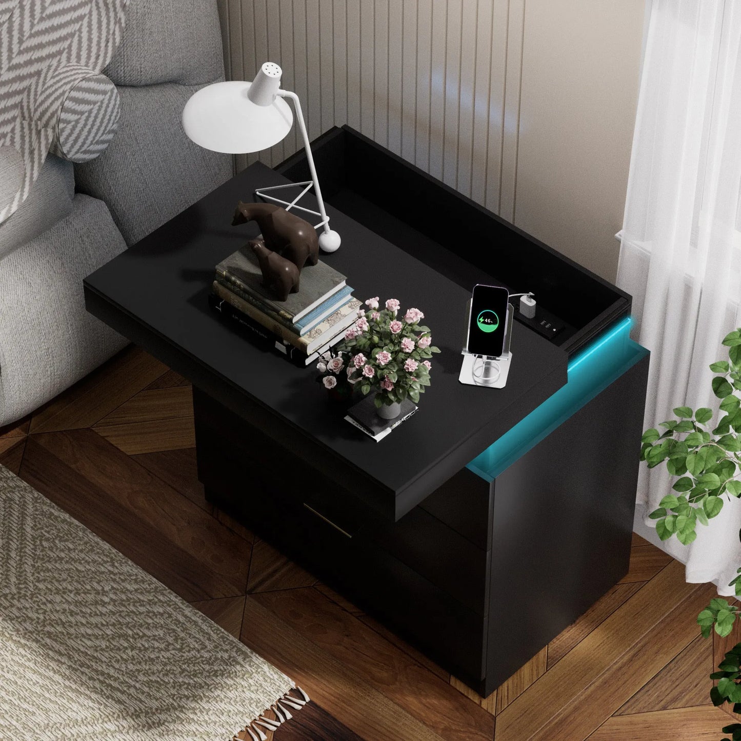 Nightstand with Charging Station and LED Lights,Night Stand with Sliding Top for Bedroom,Bedside Table with Drawers,Modern End Side – view 4