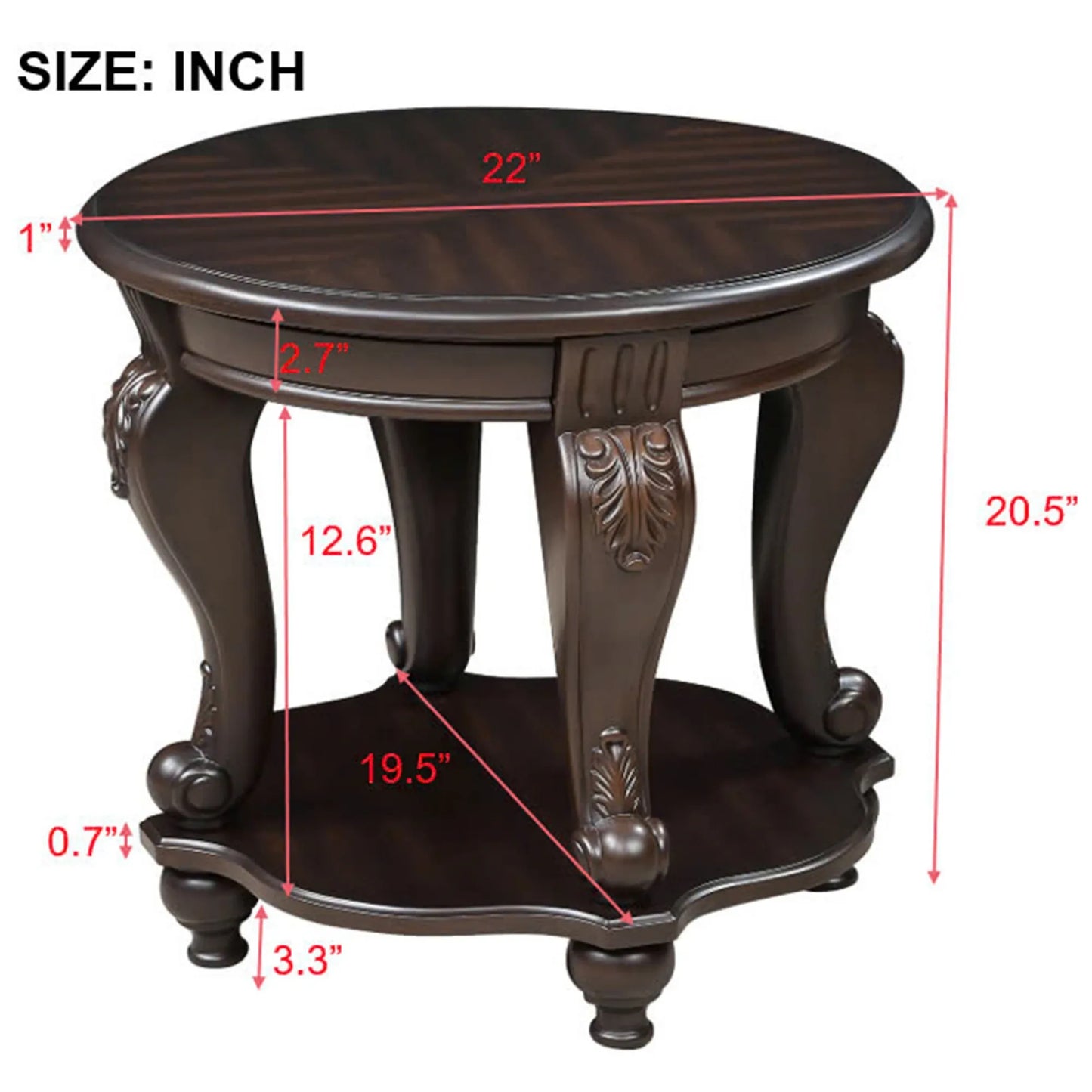 22'' Two Tone Round End Table,Solid Wood Sofa Side Table with Shelf,Living Room Corner Table Easy Assemble, Espresso – view 4