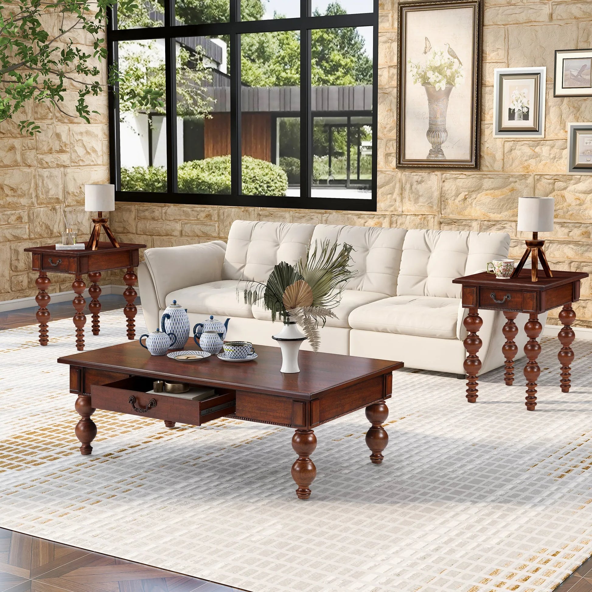 Rectangular Wooden Coffee Table with Storage Drawer, Vintage Cocktail Table with Solid Wood Gourd-Shaped Legs for Living Room,No-Tools Assembly – view 4