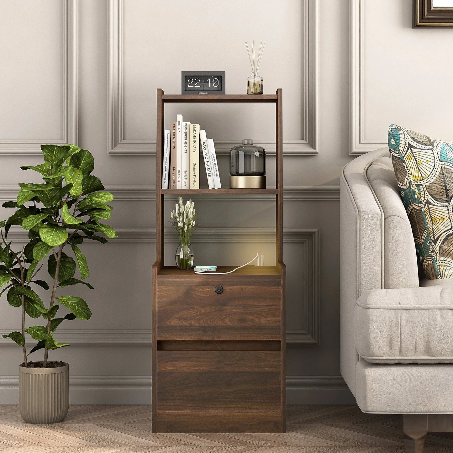 Nightstand with Charging Station, Smart Nightstand with Night Light, Modern Night Stand with Bookshelf, Bedside Tables with Storage Cabinet for – view 4