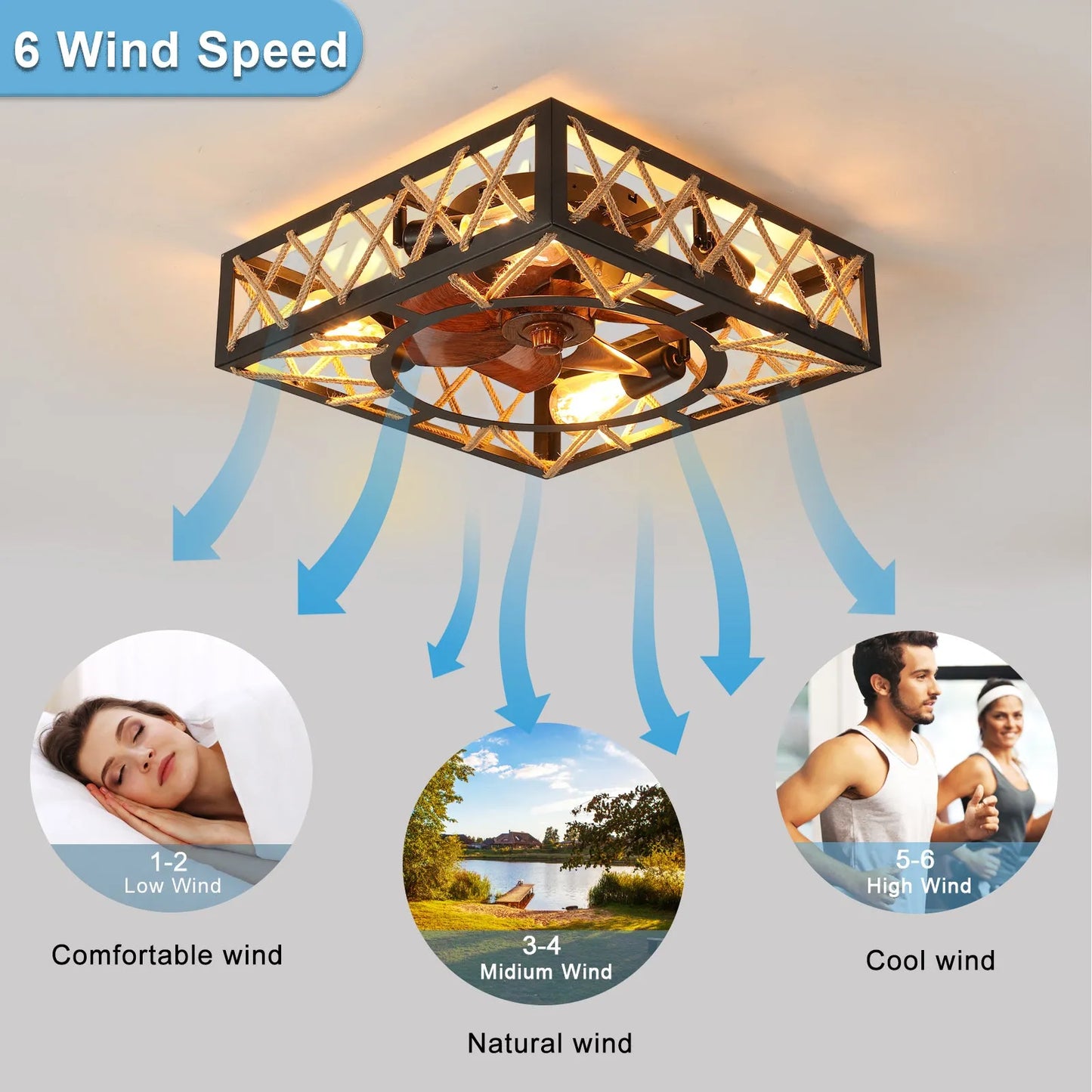Farmhouse Rustic Ceiling Fan and Remote Control,Square Caged Industrial Ceiling Fixture with 6 Speeds & Noiseless DC Motor for Kitchen Dining Room – view 4