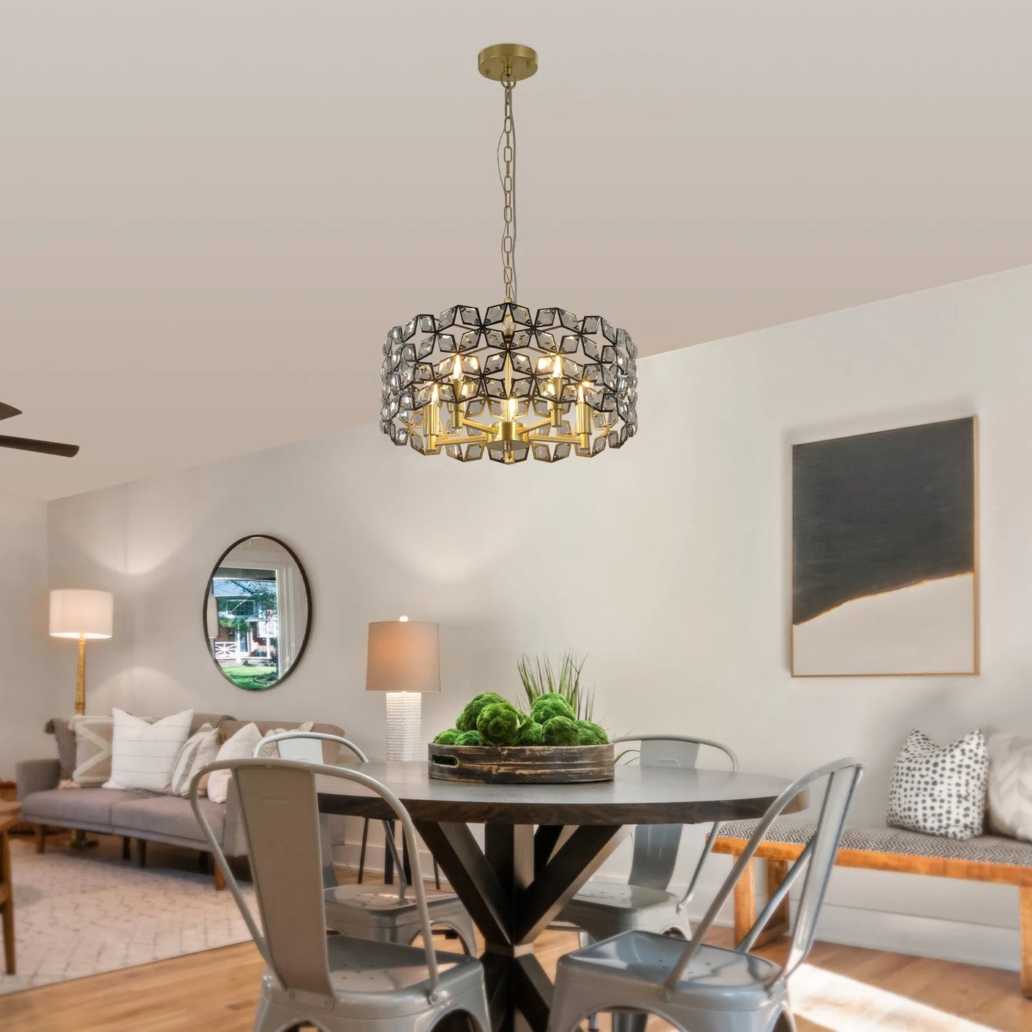 19' Geometric Crystal and BlackGold Round Pendant Chandelier – Modern 5-Light Fixture for Dining Room, Living Room, or Kitchen (Bulb Not Included) – view 4
