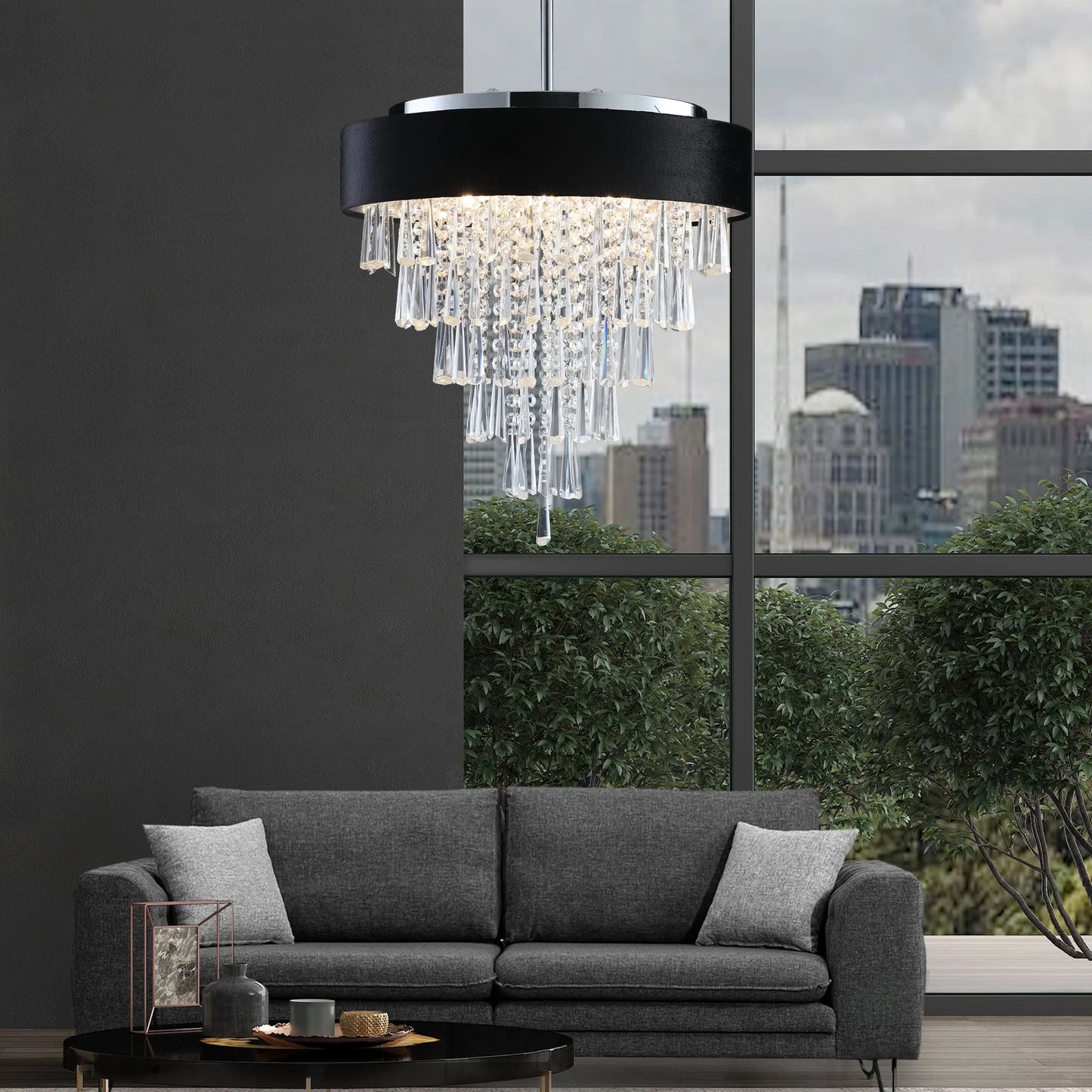 18-inch Modern Crystal Chandelier with Black Imitation Velvet Anti-Glare Shade, Adjustable Height, 8-Light G9 Base for Dining Room, Living Room, or – view 4