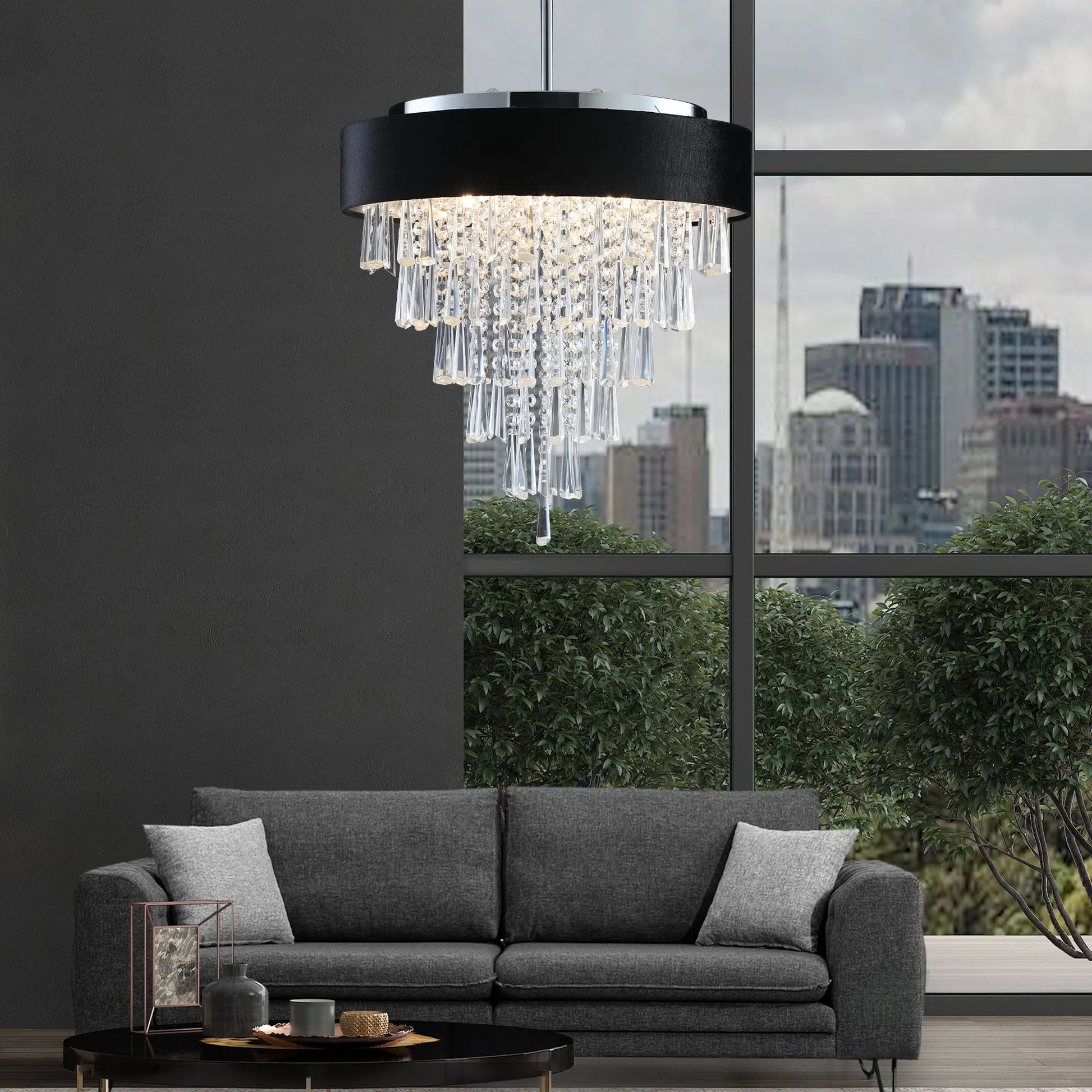 18-inch Modern Crystal Chandelier with Black Imitation Velvet Anti-Glare Shade, Adjustable Height, 8-Light G9 Base for Dining Room, Living Room, or – view 4