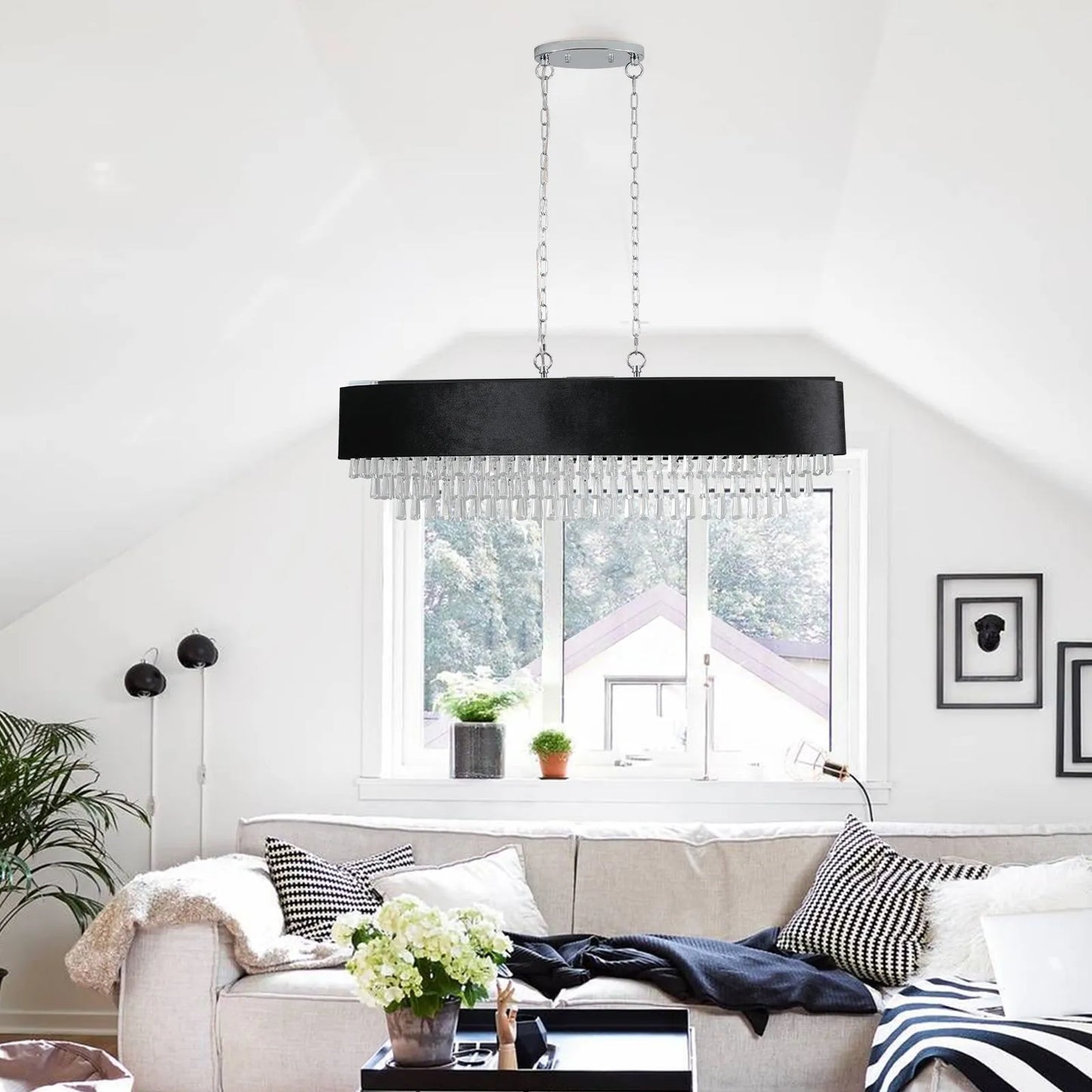 39' Modern Crystal Chandelier with Black Imitation Velvet Anti-Glare Shade, Adjustable Height, 8-Light G9 Base for Dining Room, Living Room, or – view 4