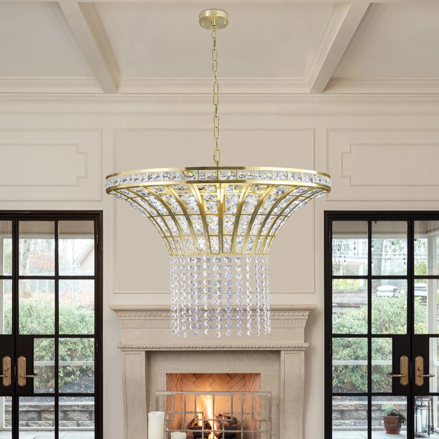 24' Modern Crystal Round Chandelier with Gold Finish, Elegant Pendant Light with Cascading Beads, for Dining Room, Living Room, or Foyer (No Bulbs) – view 4