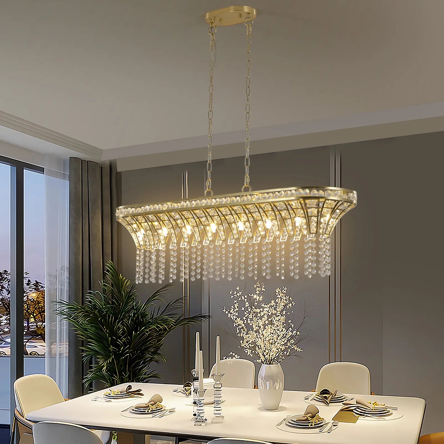 39' Modern Crystal Linear Rectangle Chandelier with Gold Finish, Elegant Pendant Light with Cascading Beads, for Dining Room, Living Room, or Foyer – view 4