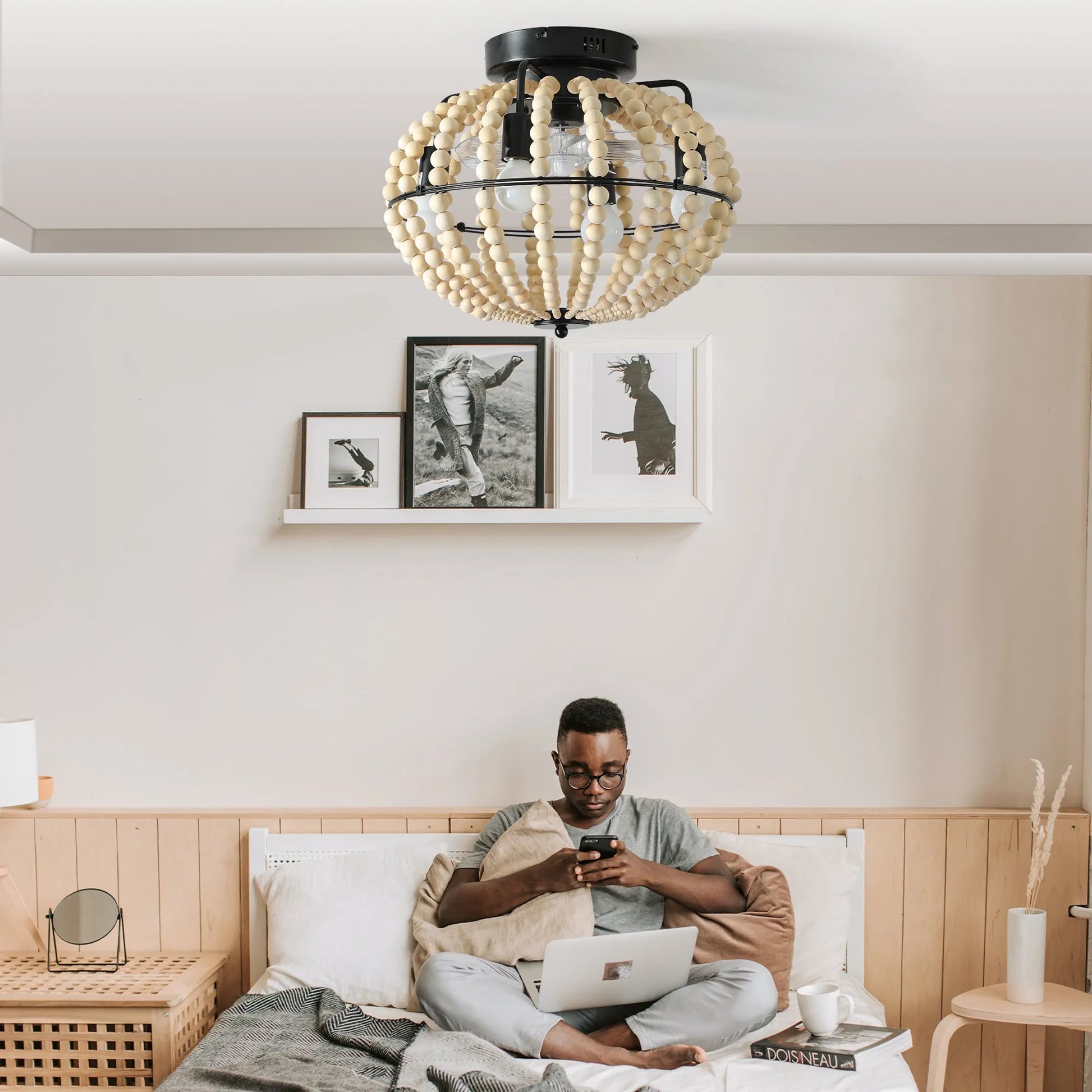 18' Bohemian Wood Beaded Ceiling Fan with Light, Flush Mount Caged Ceiling Fan, Rustic Farmhouse Low Profile Fan Light Fixture for Indoor Home Decor – view 4