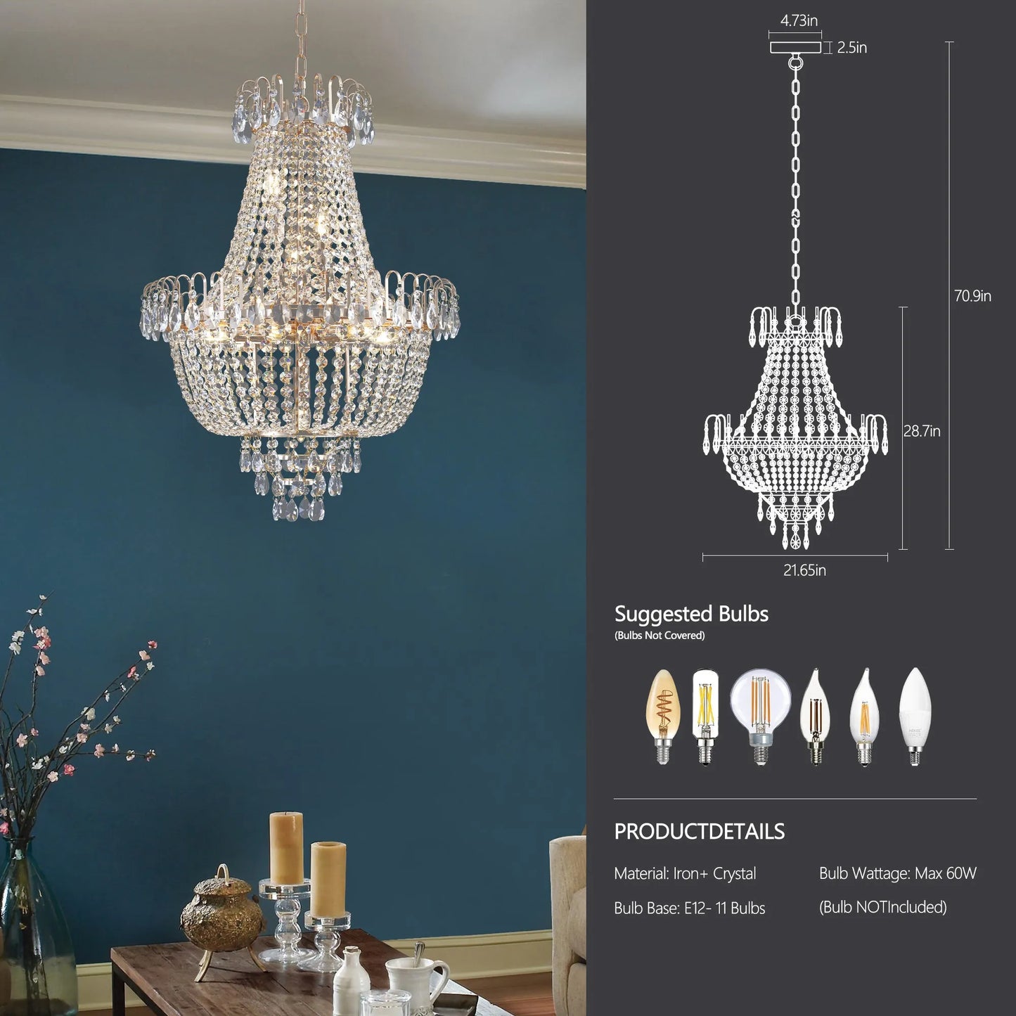 Gold Crystal Chandeliers,Large Contemporary Luxury Ceiling Lighting for Living Room Dining Room Bedroom Hallway (Without Bulb) – view 4