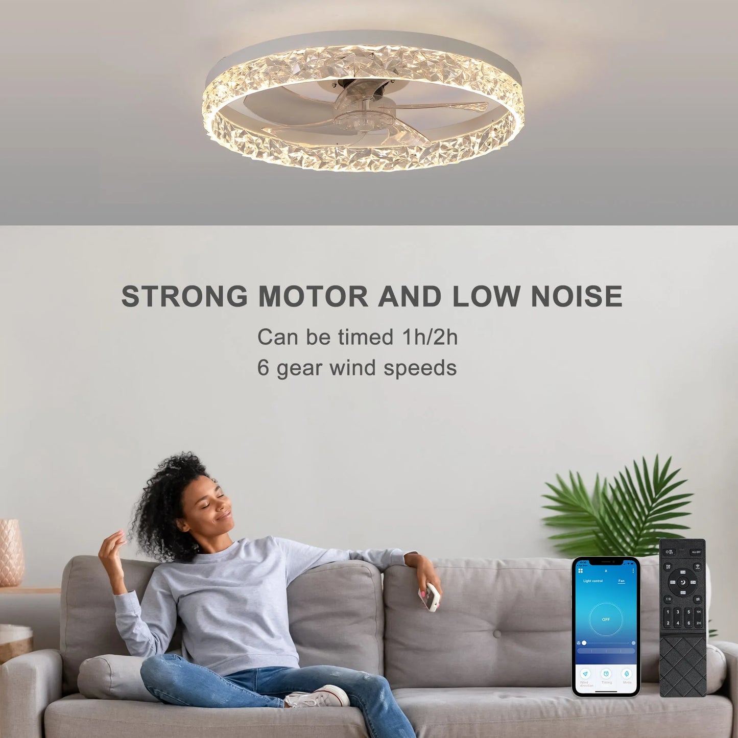 Modern Acrylic Ceiling Fan Light with Remote Control, Dimmable LED Chandelier, 6-Speed Adjustable, Quiet Motor, Flush Mount Design for Living Room – view 4