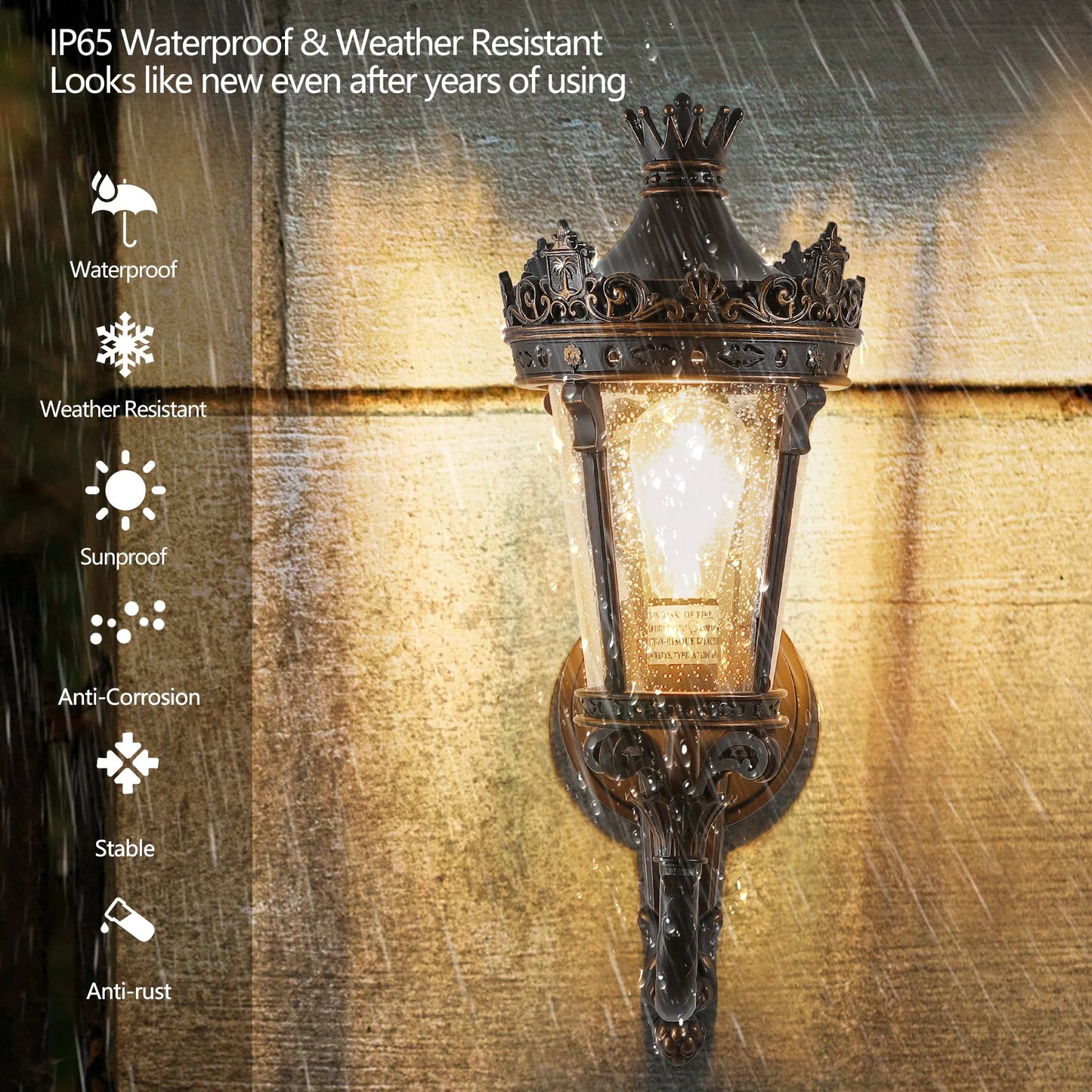 21'(H) Vintage Outdoor Wall Lantern, Waterproof Exterior Wall Sconce with Crown Top and Clear Glass, Decorative Outdoor Lighting Fixture for Patio – view 4
