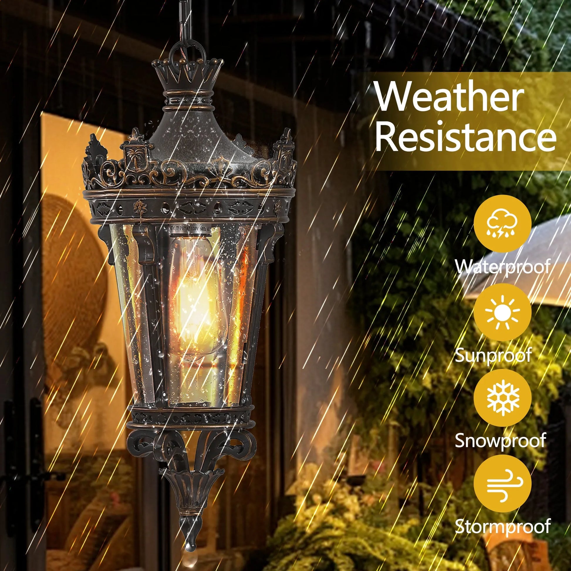 18'(H) Antique Crown Outdoor Hanging Lantern, Waterproof Vintage Pendant Light with Ornate Metal Design and Clear Glass for Patio, Garden, Porch – view 4