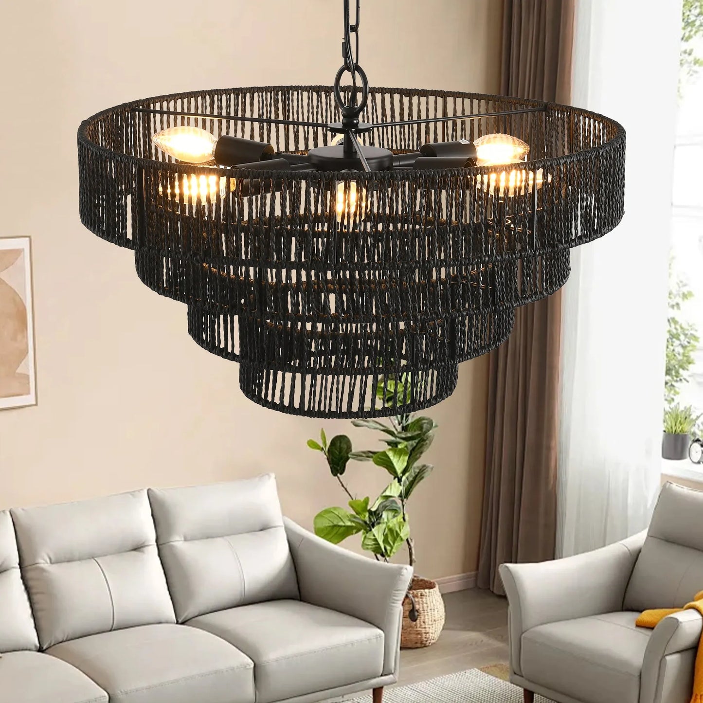 20' Rustic 4-Tier Black Hemp Rope Pendant Light Chandelier with 6 E12 Sockets, Handmade Tiered Boho Ceiling Light Fixture for Dining Room, Kitchen – view 4