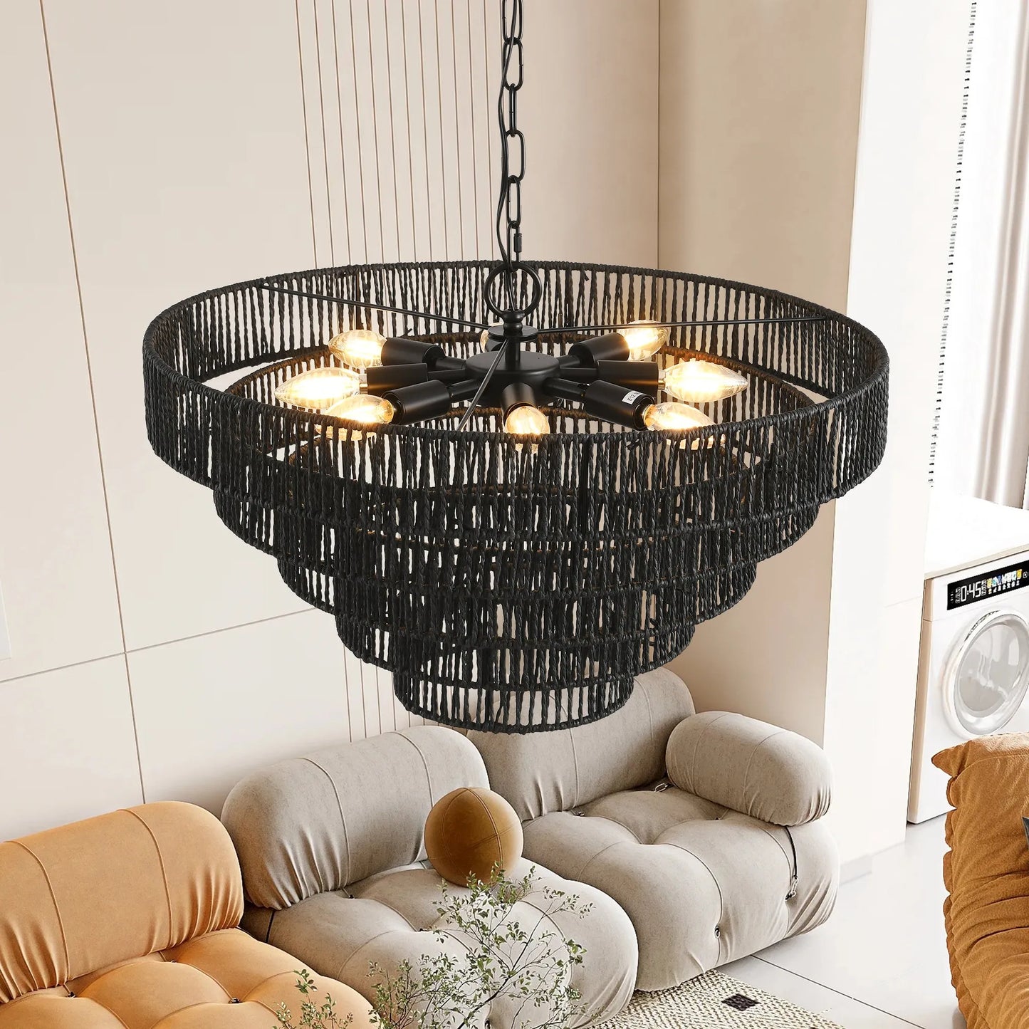 24' Rustic 5-Tier Black Hemp Rope Pendant Light Chandelier with 8 E12 Sockets, Boho Farmhouse Ceiling Fixture for Dining Room, Kitchen, or Entryway – view 4
