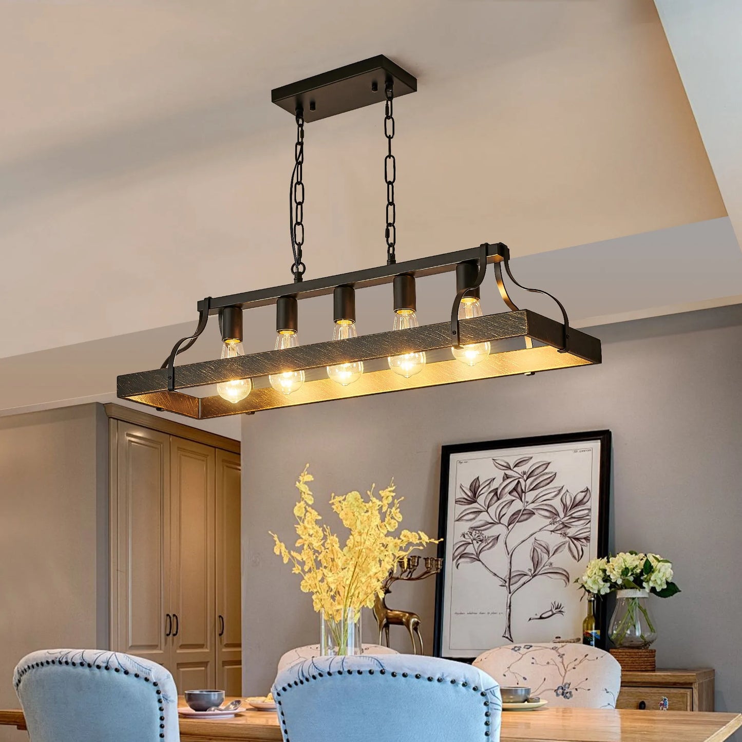 34-Inch Black Gold Vintage Pendant Light, 5 E26 Bulb Sockets, Adjustable Chain Height – Antique Style Chandelier for Dining Room, Kitchen, or Living – view 4