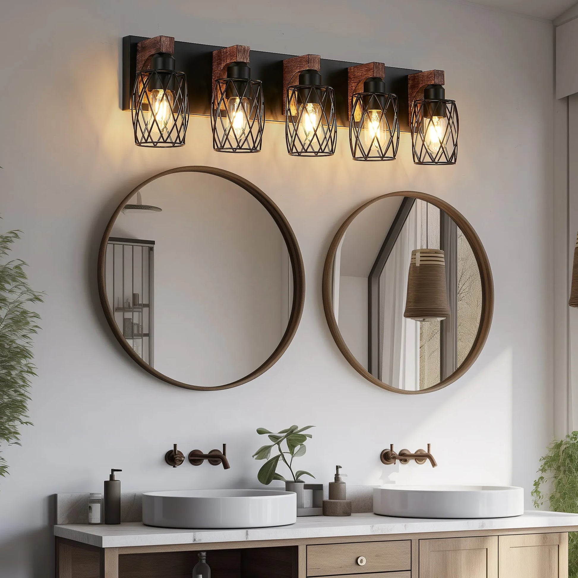 31' Industrial Vintage 5-Light Wall Sconce - Black Cage Wall Lighting Fixture with Wooden Accents for Bathroom, Hallway, or Living Room (Bulb Not – view 4