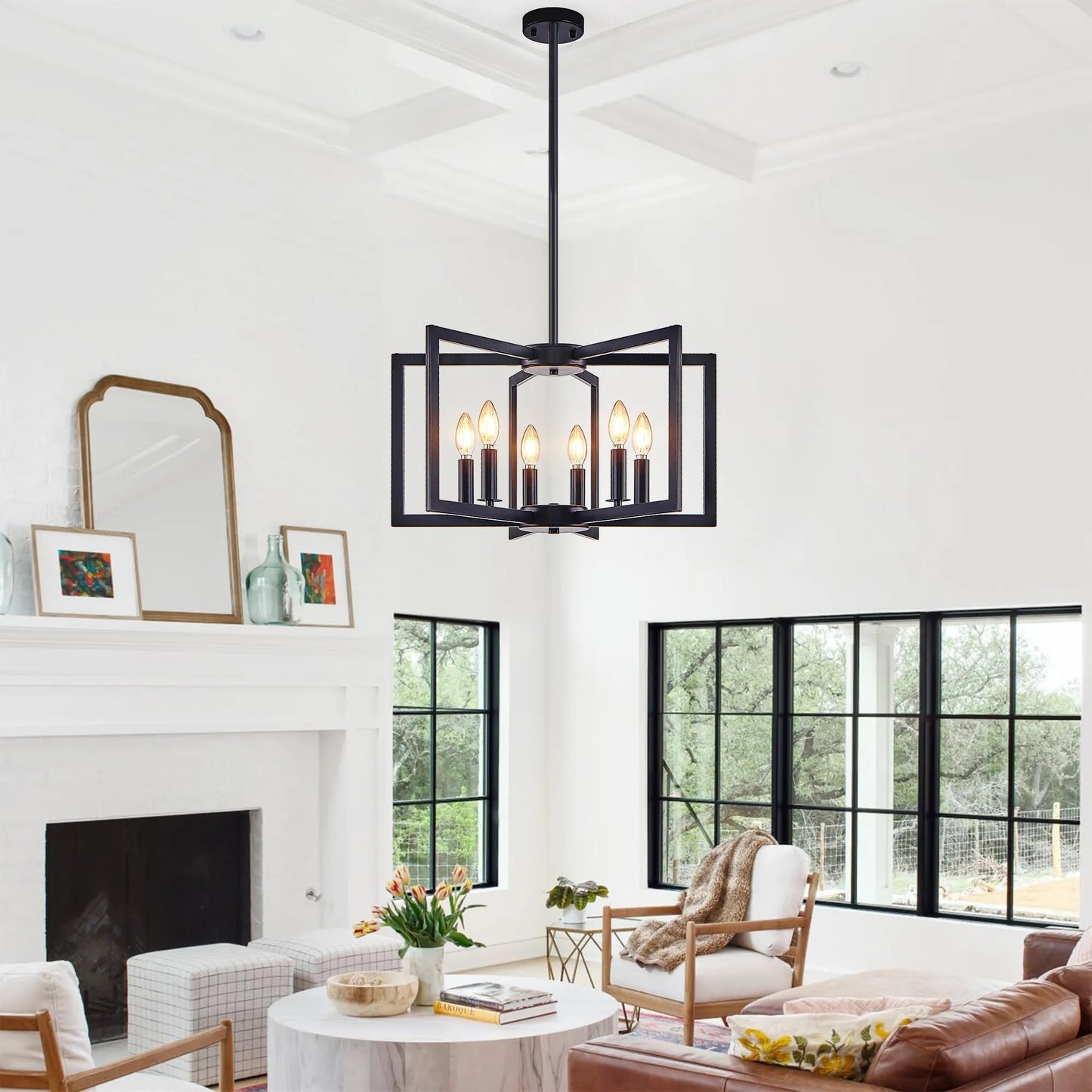 22' Modern Black Geometric 6-Light Chandelier – Industrial Metal Pendant Light Fixture for Living Room, Dining Room, or Kitchen (Bulb Not Included) – view 4