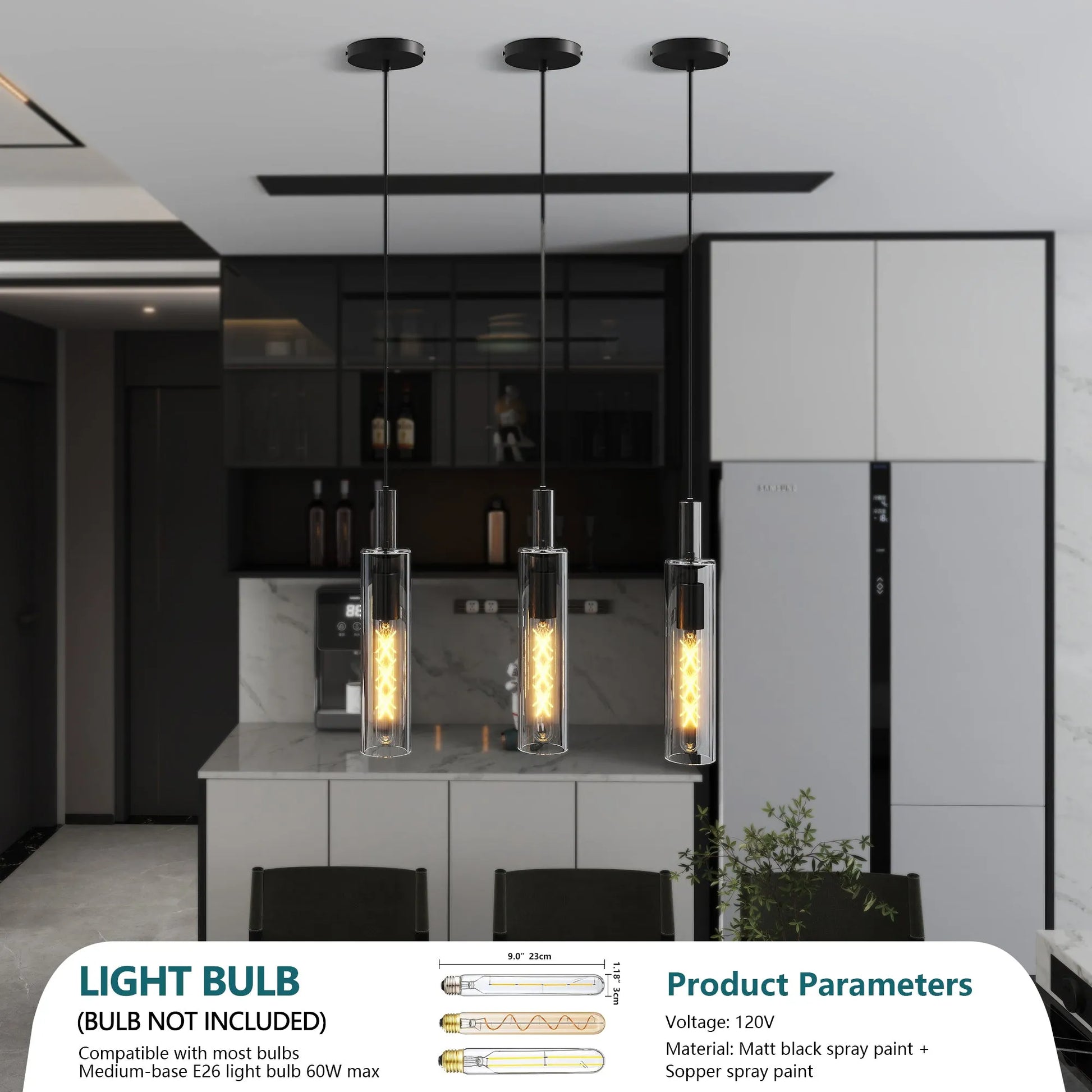 3 Pack Black Pendant Lights Kitchen Island (No Bulbs), Adjustable Modern Glass Pendant Light Over Island, Industrial Pendant Light Fixtures for – view 4