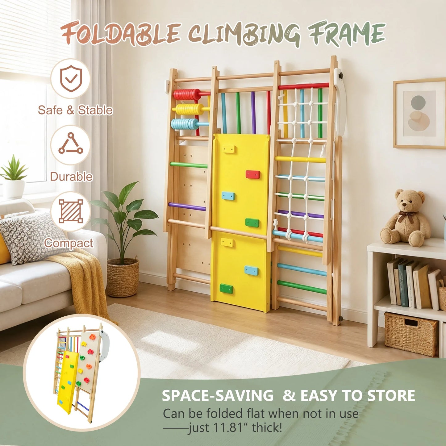 9-in-1 Foldable Kids Climbing Frame & Slide, Wooden Toddler Playground with Swing, Monkey Bars, Climbing Rock, Abacus Game – Indoor Outdoor Playset – view 4