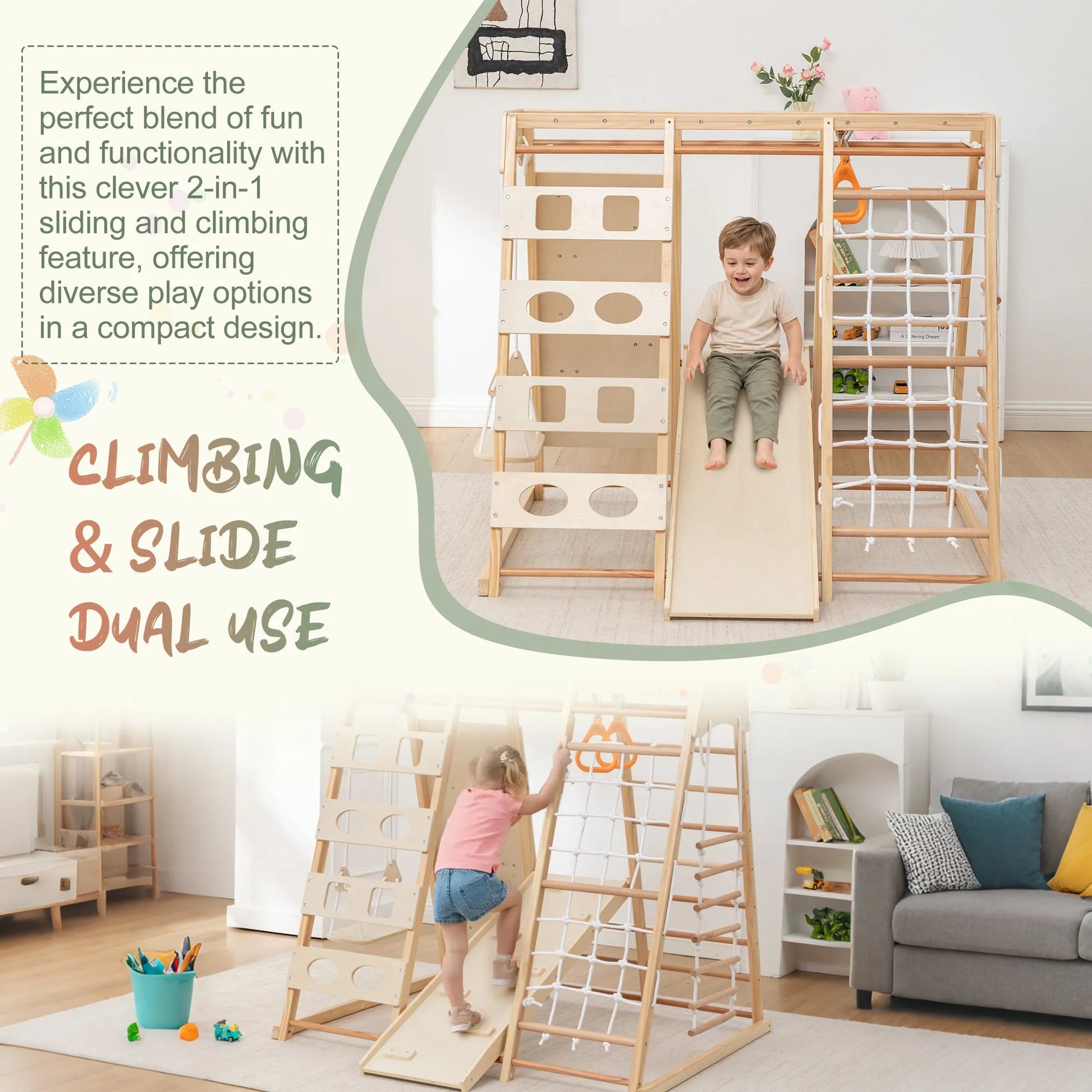 9-in-1 Slide and Climbing Wall for Toddlers 3+, Wooden Indoor Play Structure, Heavy Duty 176 lbs Capacity, Safe Rounded Edge Natural Wood, Balance & – view 4