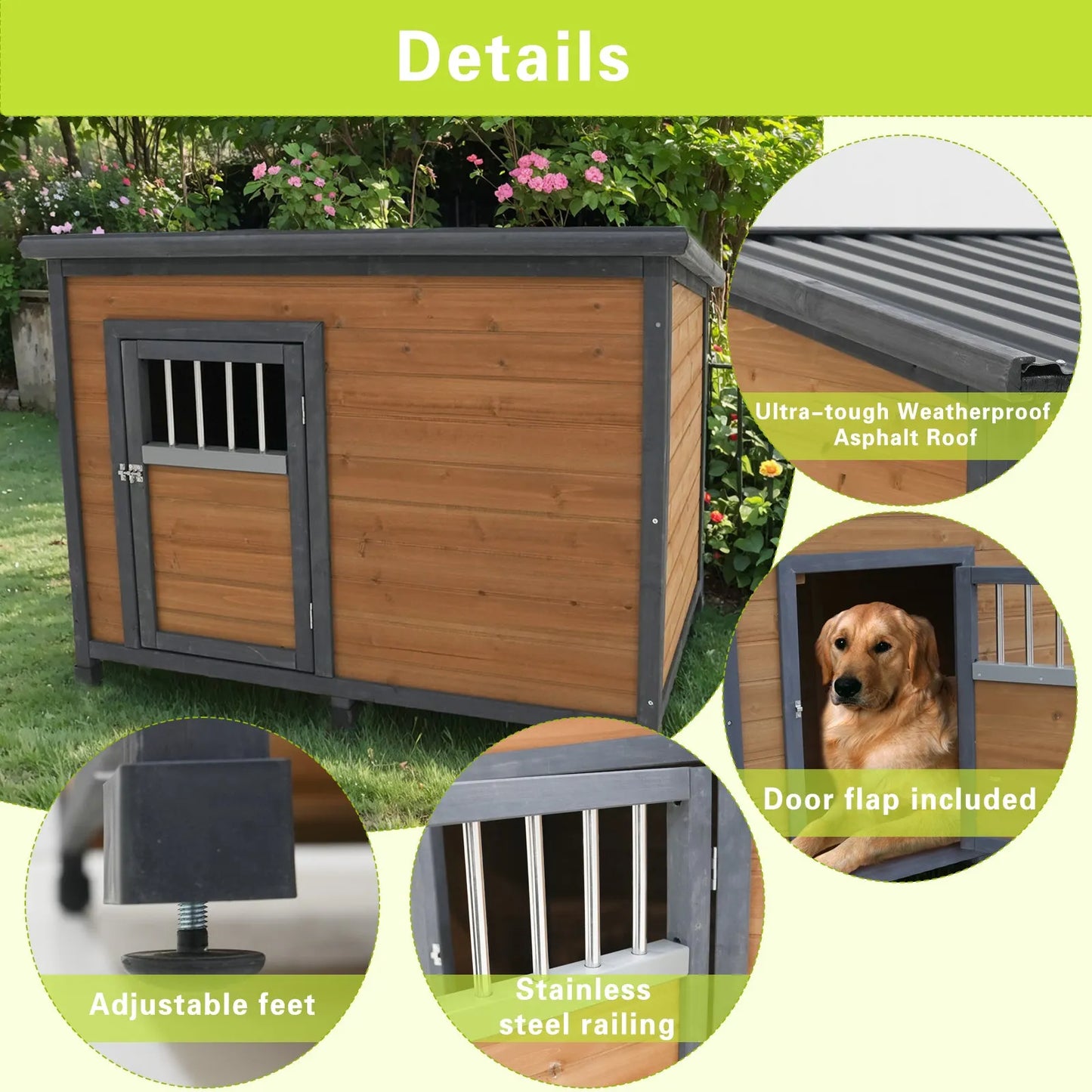 45'large solid wood dog house, waterproof PVC plastic roof, breathable wooden doors – view 4