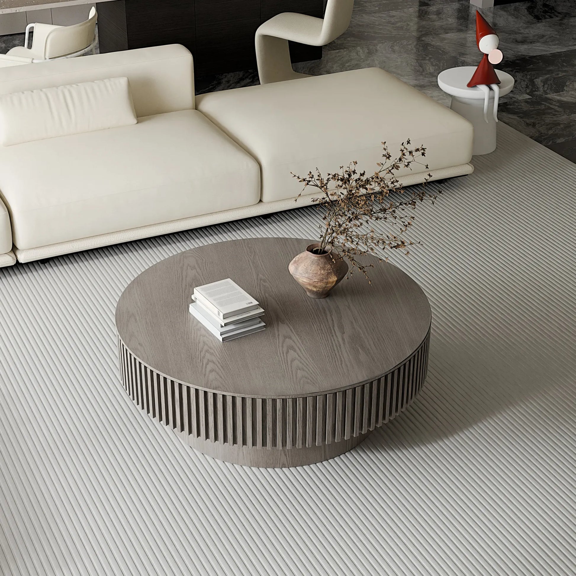 39.37'' Round Coffee Table with Storage Solid Wood Veneered Modern Coffee Table Accent Tea Table for Living Room, Bedroom, Apartment or Office, Grey – view 4