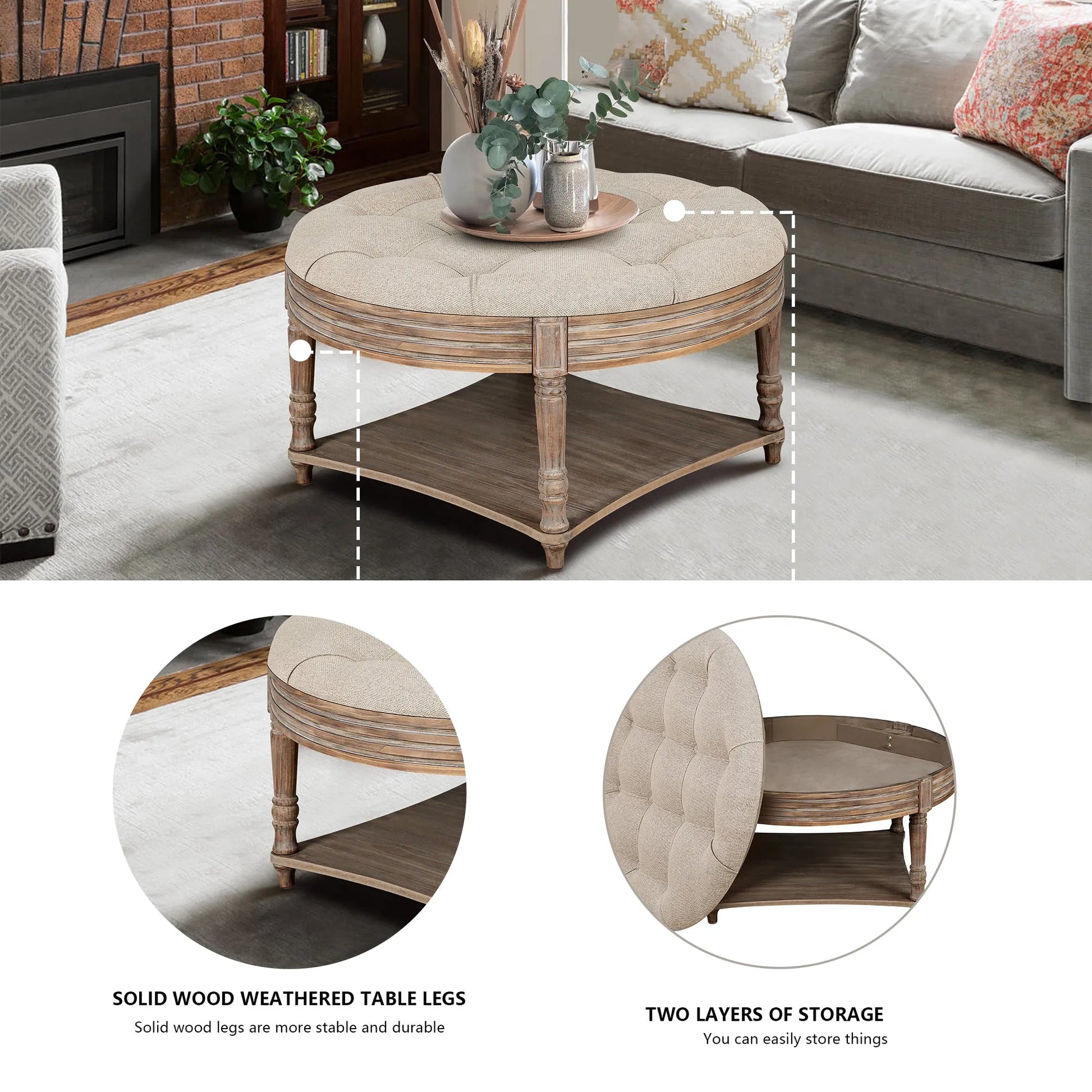 Large Round Waterproof Ottoman Coffee Table 2 Tier Oversized Button Tufted Ottoman with Wooden Shelf Storage Farmhouse Upholstered Coffee Table – view 4