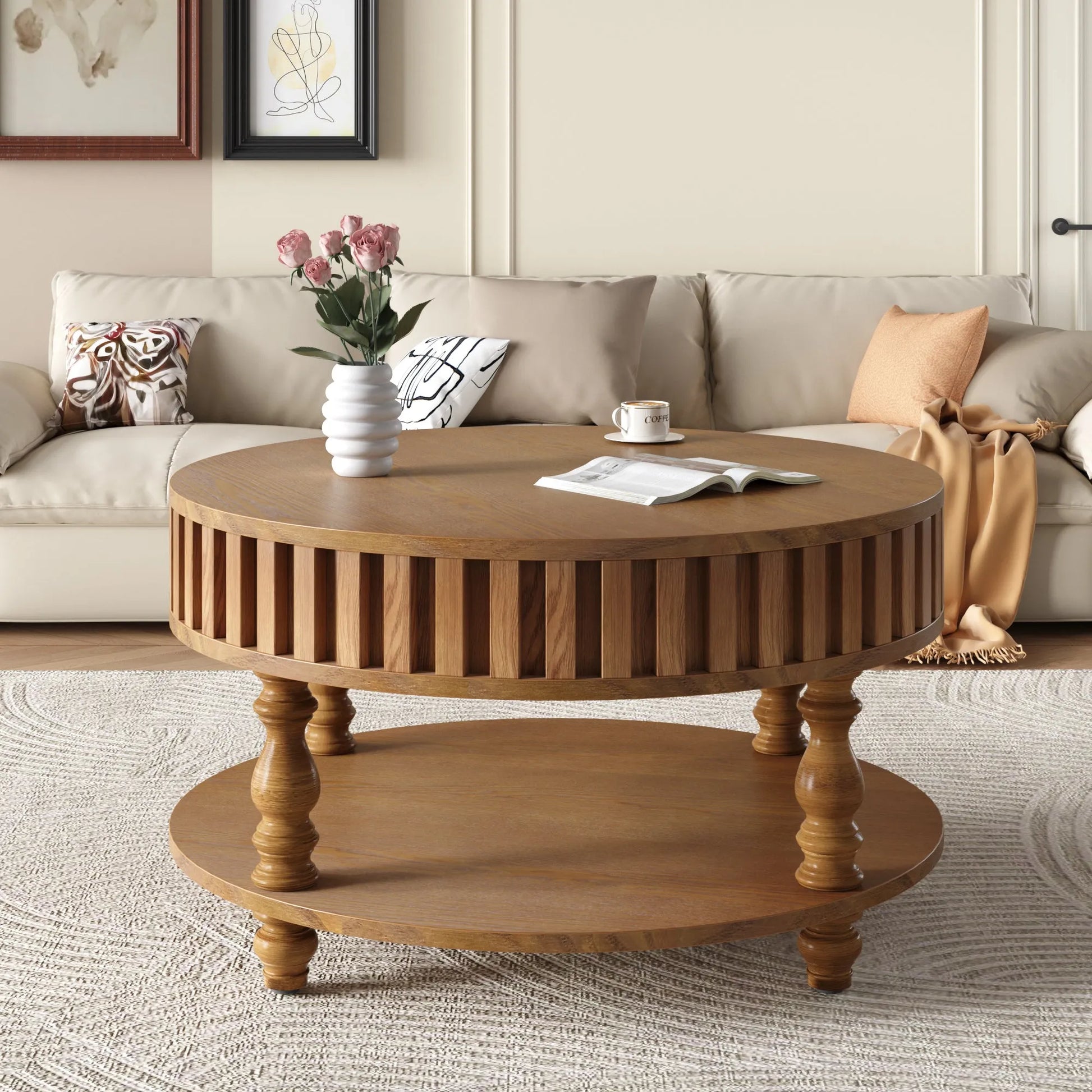 Farmhouse Fluted Coffee Table with Storage and Flip-Top Lids, Rustic Brown Center Table for Living Room with Spacious Hidden Storage, Sturdy Durable – view 4