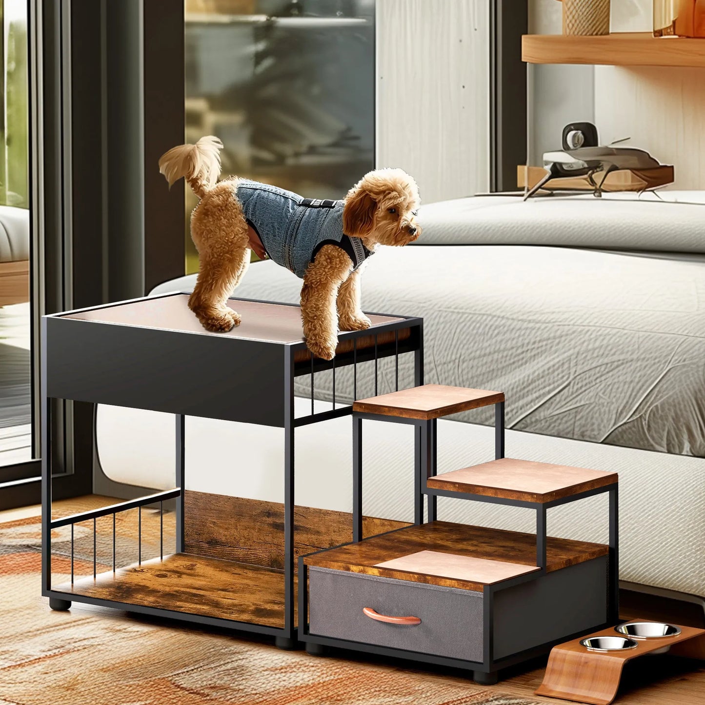 Vintage Multi-Level Pet Step Window Perch with Sponge and Non-Slip Pad, Particle Board, Black – view 4