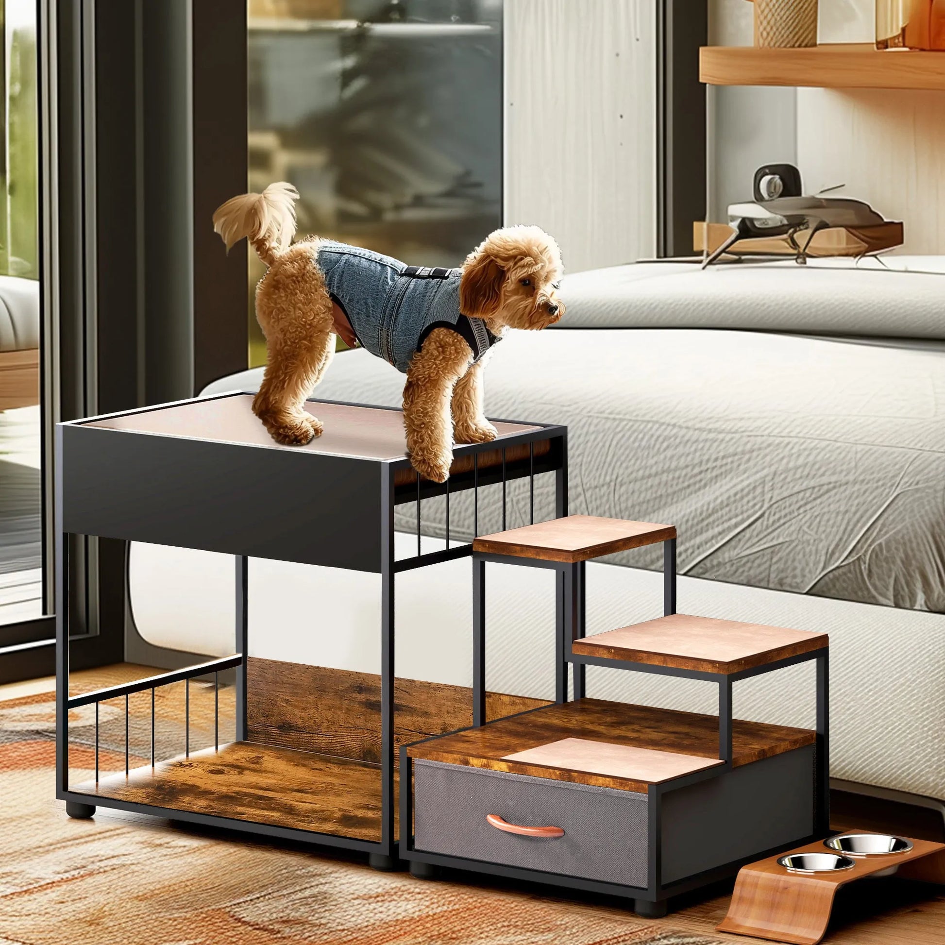 Vintage Multi-Level Pet Step Window Perch with Sponge and Non-Slip Pad, Particle Board, Black – view 4