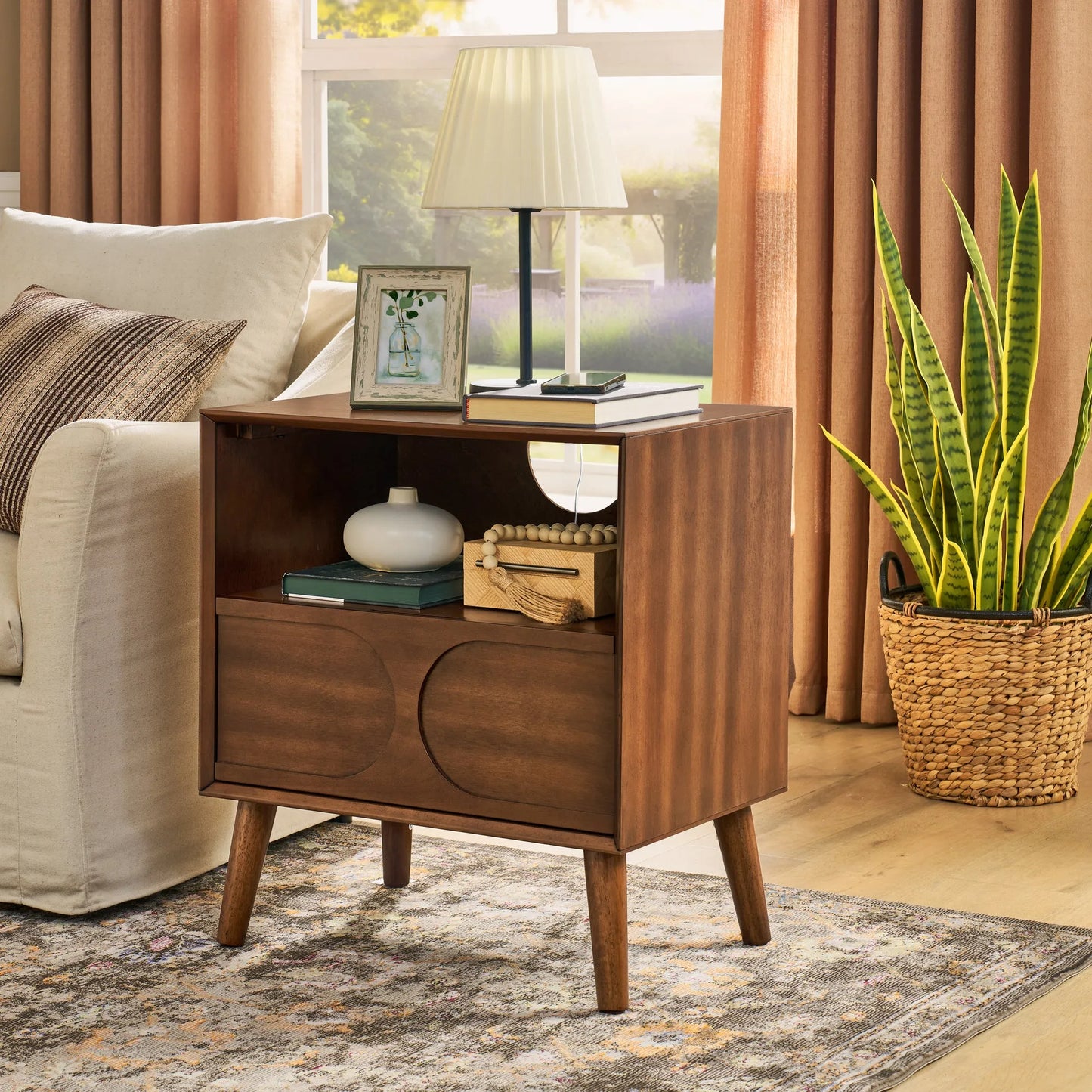 Mid Century Modern Fluted Nightstand with Charging Station USB Ports & Outlet Hole & 4 Solid Wood Legs, Farmhouse End Table with Open Space and – view 4