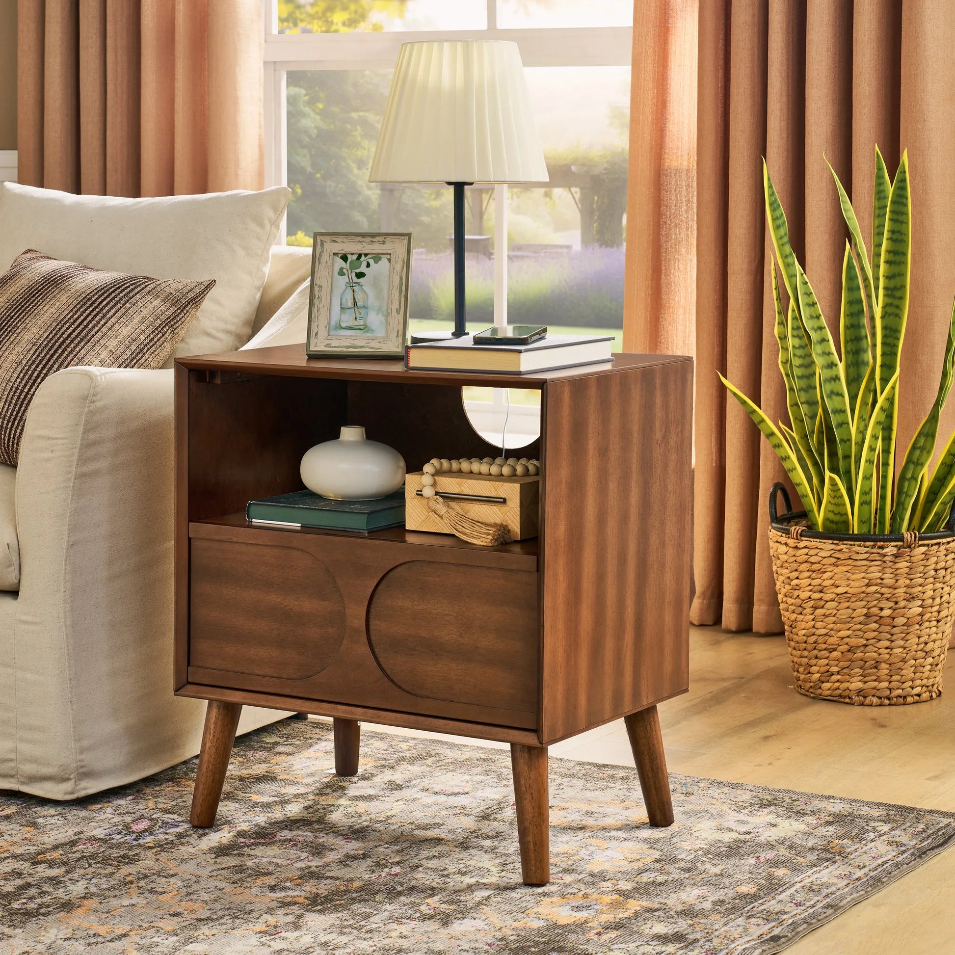 Mid Century Modern Fluted Nightstand with Charging Station USB Ports & Outlet Hole & 4 Solid Wood Legs, Farmhouse End Table with Open Space and – view 4